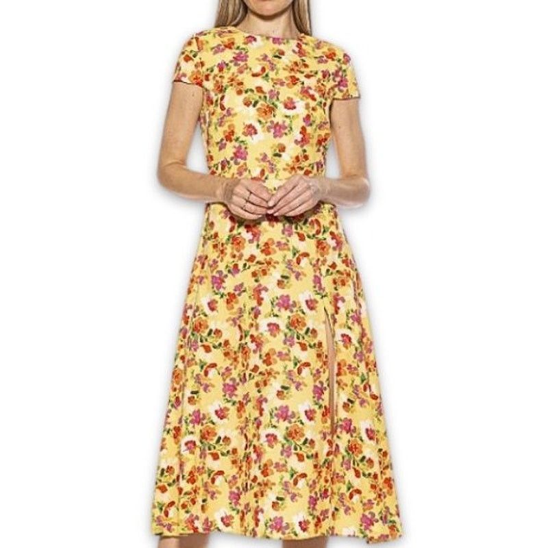 Alexia Admor Midi Dress Back Zip Floral Bright Yellow 14 NWT