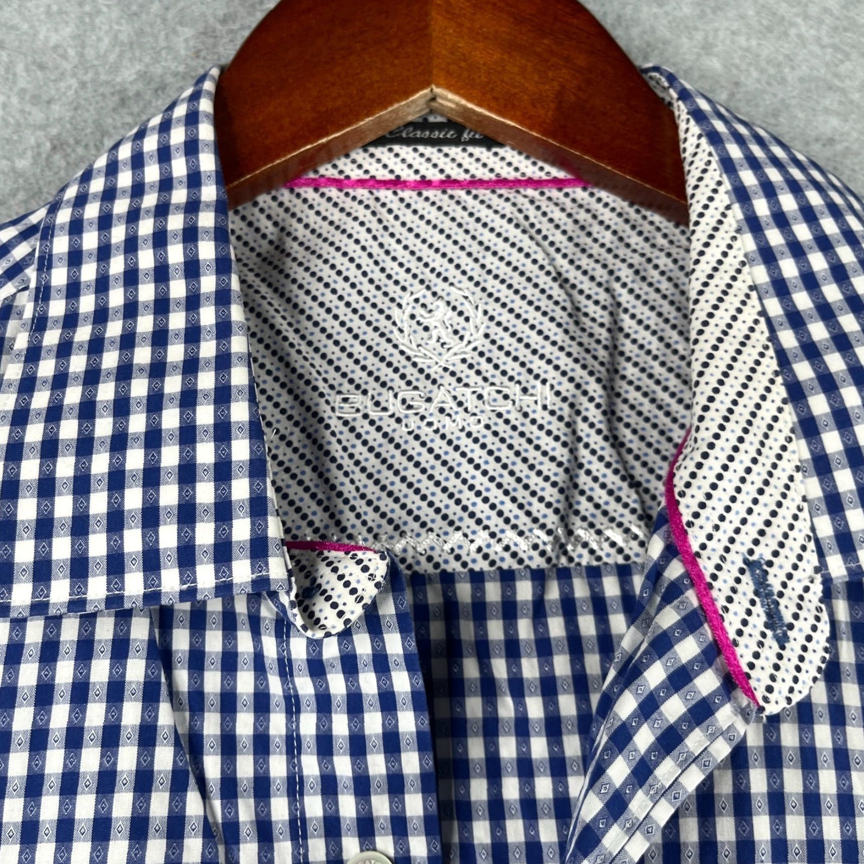 BUGATCHI BUGATCHI UOMO Classic Fit Shirt Button-Up Short Sleeve Mens Navy Gingham Large Size US L / EU 52-54 / 3 - 3 Thumbnail