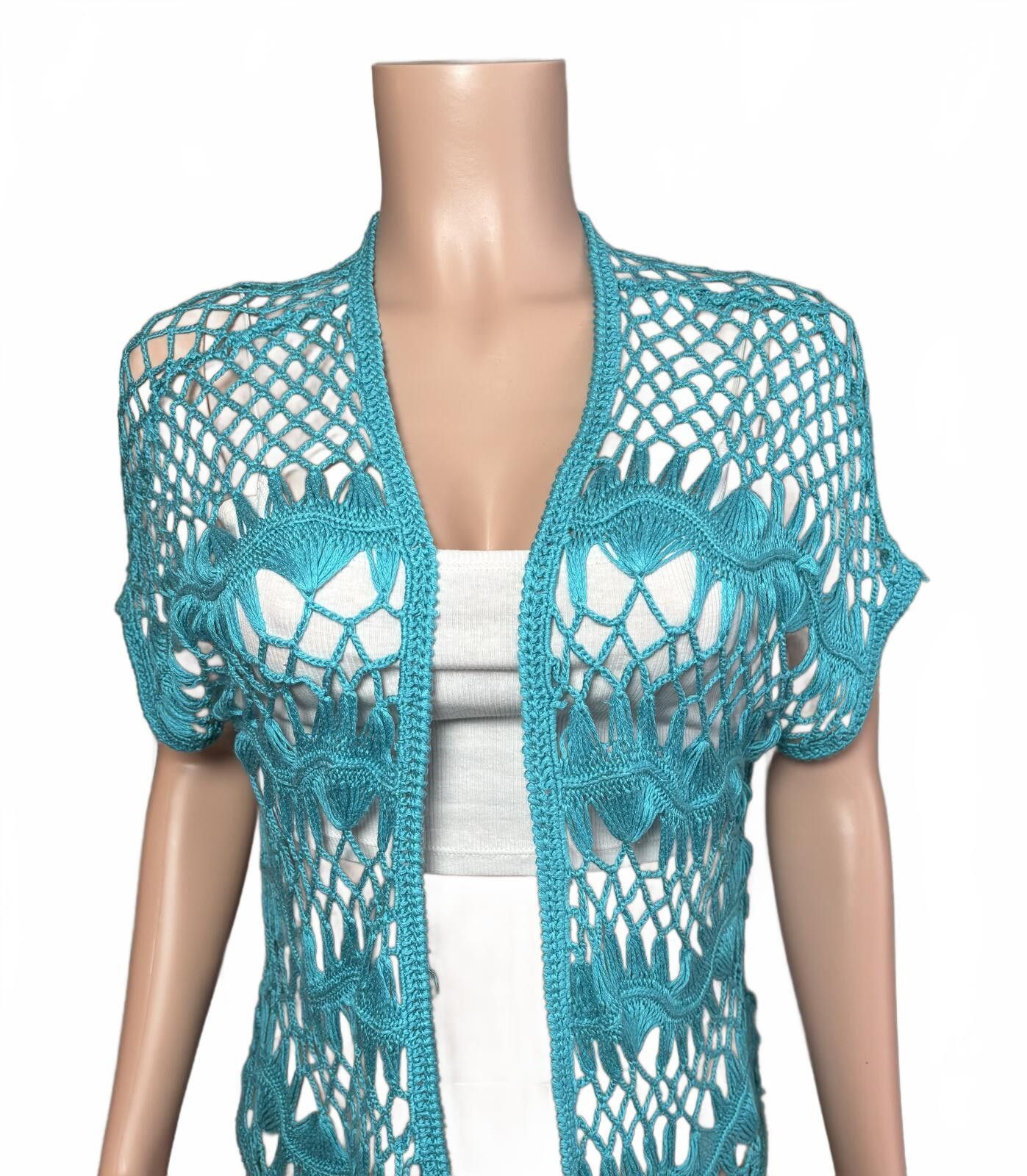 Cartoon Network Boho Crochet Turquoise Top Festival Beach cover up. Medium. Size M / US 6-8 / IT 42-44 - 2 Thumbnail