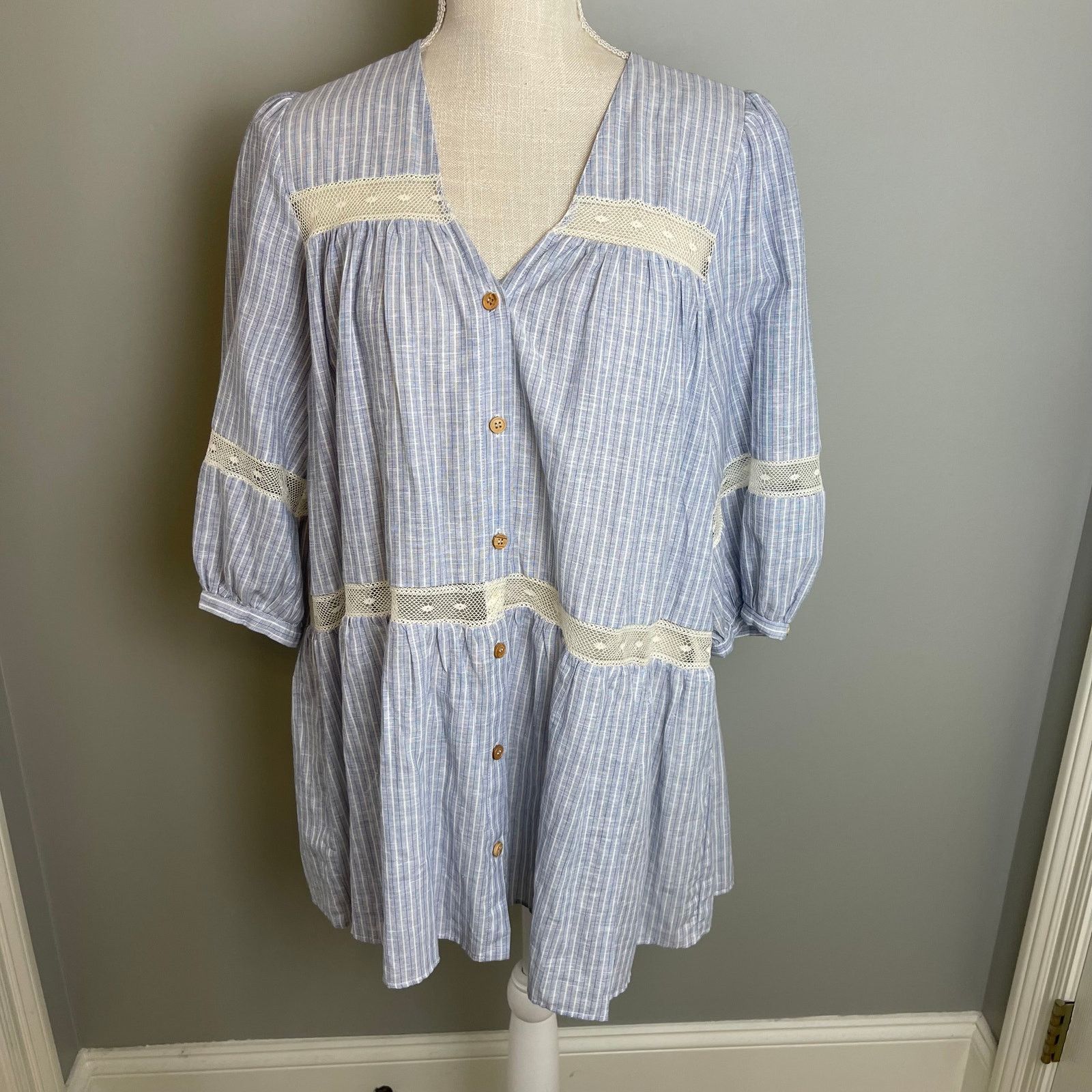 Zara Zara Chambray & Lace Women's Tunic Top, S Size S / US 4 / IT 40 - 2 Thumbnail