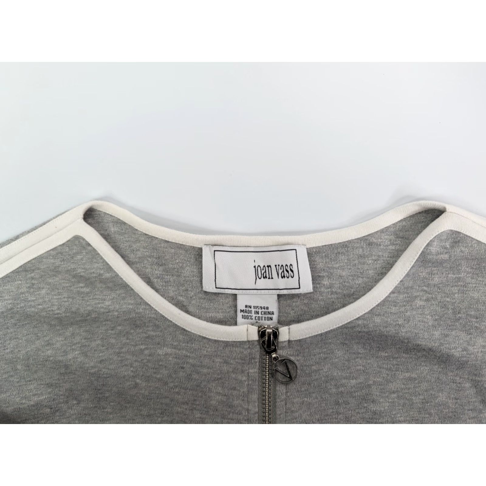 Vintage Joan Vass Jacket Zip ¾ Sleeves Grey Cardigan White Trim 0 Size Front Pockets Women 100% Cotton Size XS / US 0-2 / IT 36-38 - 7 Thumbnail