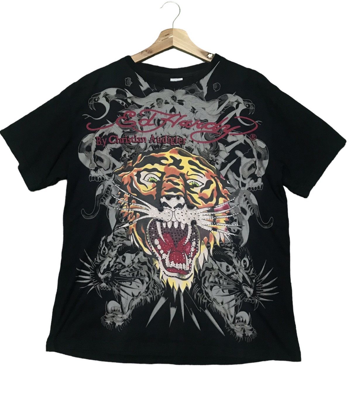 image of Crazy VTG Y2K Ed Hardy By Christian Audigier Tiger Shirt in Black, Men's (Size Large)