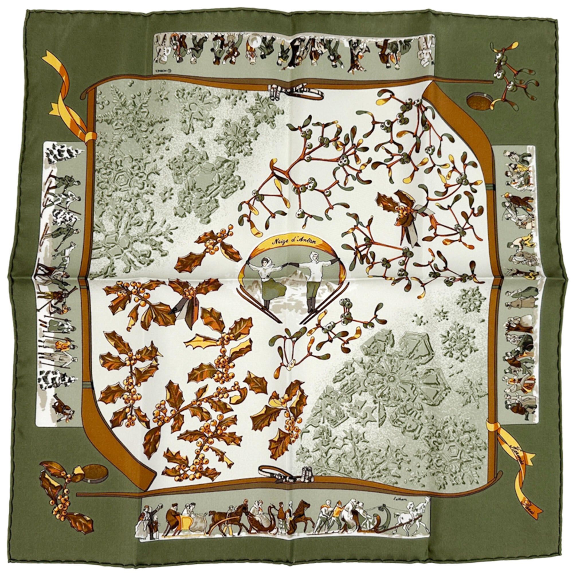 Hermes Hermes scarf/muffler, Petit Carré, Neige d'Antan, last year's collection, women's brand, silk, green, multicolor, winter sports, skiing, horse. Size ONE SIZE - 1 Thumbnail
