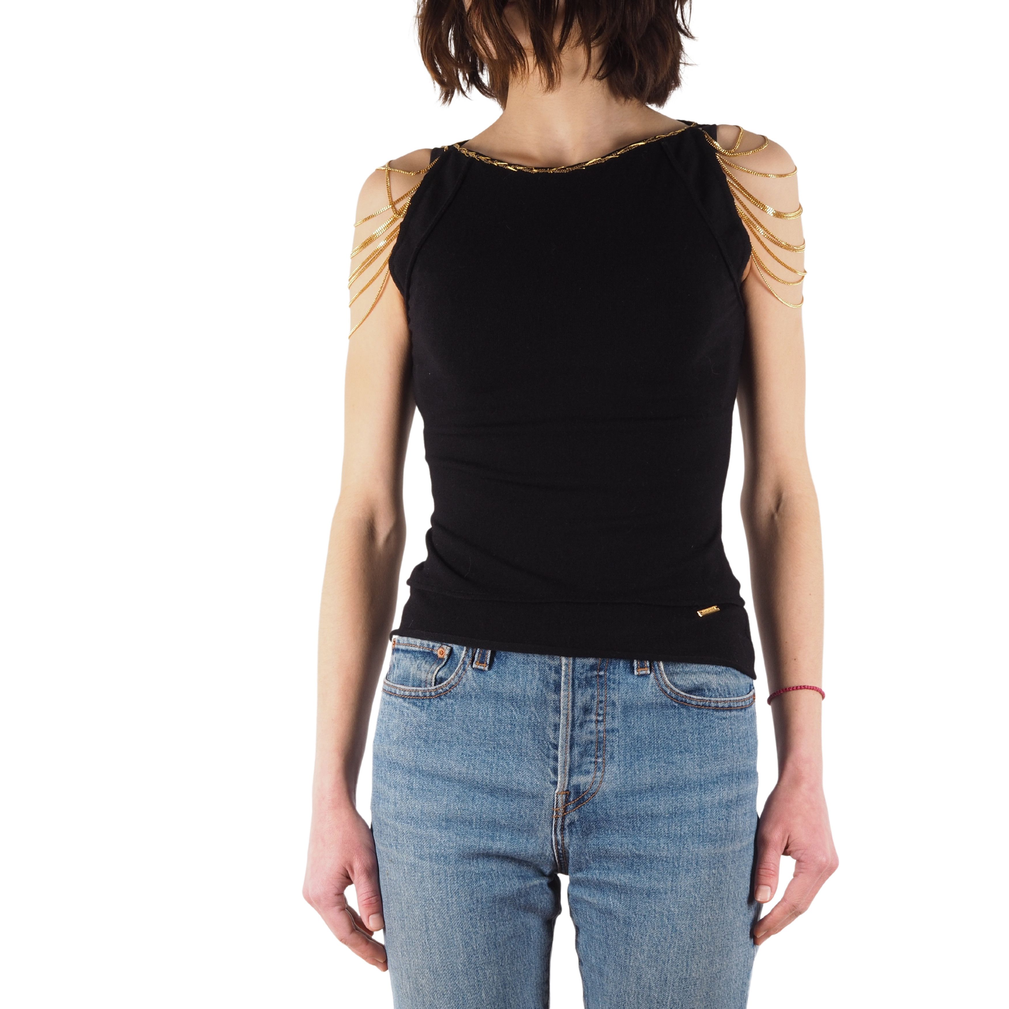 Image of Archival Clothing x Roberto Cavalli Vintage Black Wool Gold Chain Shoulders Top, Women's (Size Smal