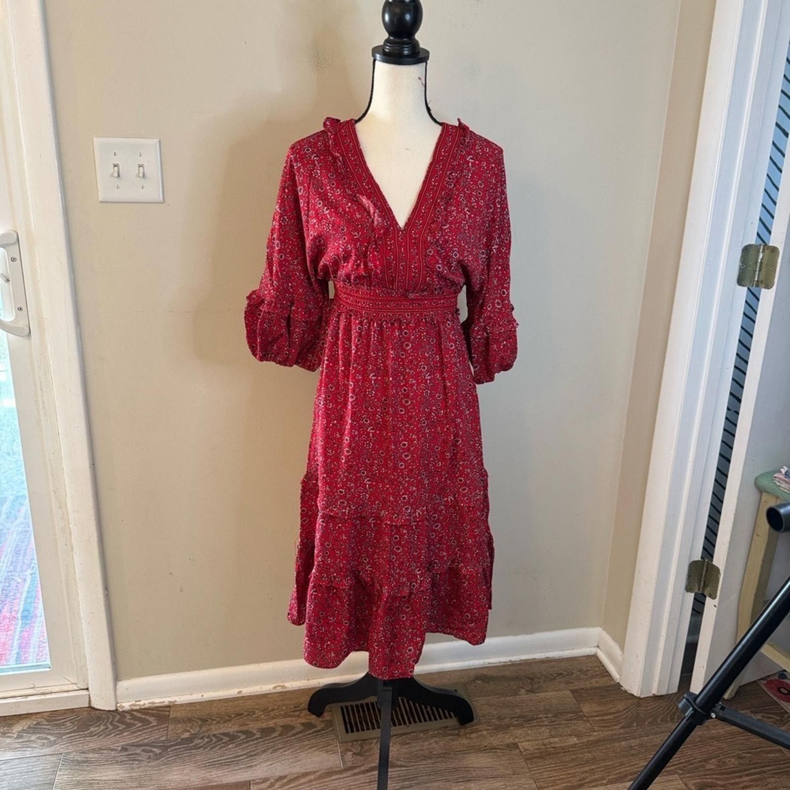 Other Max Studio Red Floral tiered maxi dress puffy sleeves SZ SM Size S / US 4 / IT 40 - 1 Thumbnail