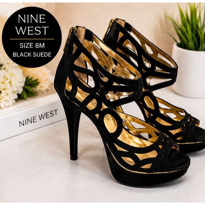 Nine West Nine West Black Suede Platform Heels Strappy Zip Back Stilet Size US 8 / IT 38 - 1 Thumbnail