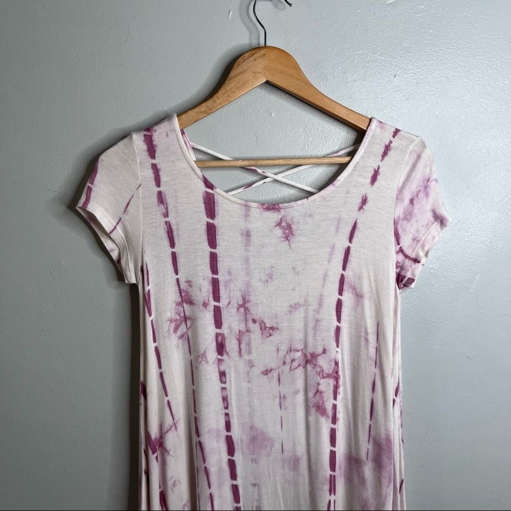 Designer Tie Dye Tunic Dress with Criss Cross Back. Pink White Small Size ONE SIZE - 3 Thumbnail
