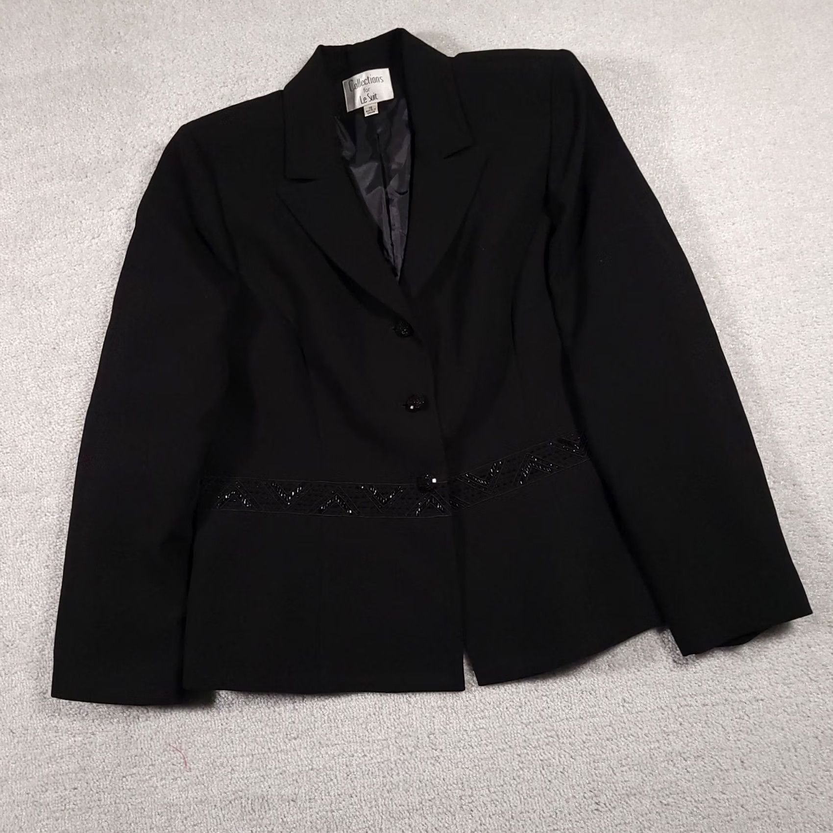 Vintage Le Suit Blazer Jacket Women 16 Black Shoulder Pads Three Button Lined Beaded Size XXL / US 16-18 / IT 52-54 - 2 Thumbnail
