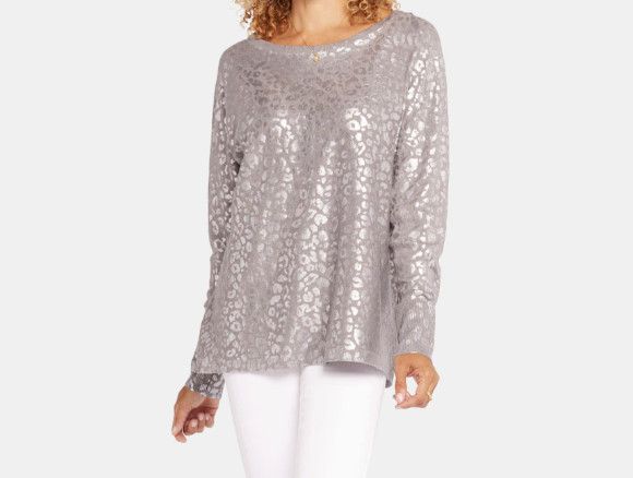 NYDJ NYDJ Metallic Cheetah Sweater Overcast Grey ( L ) Size L / US 10 / IT 46 - 1 Thumbnail
