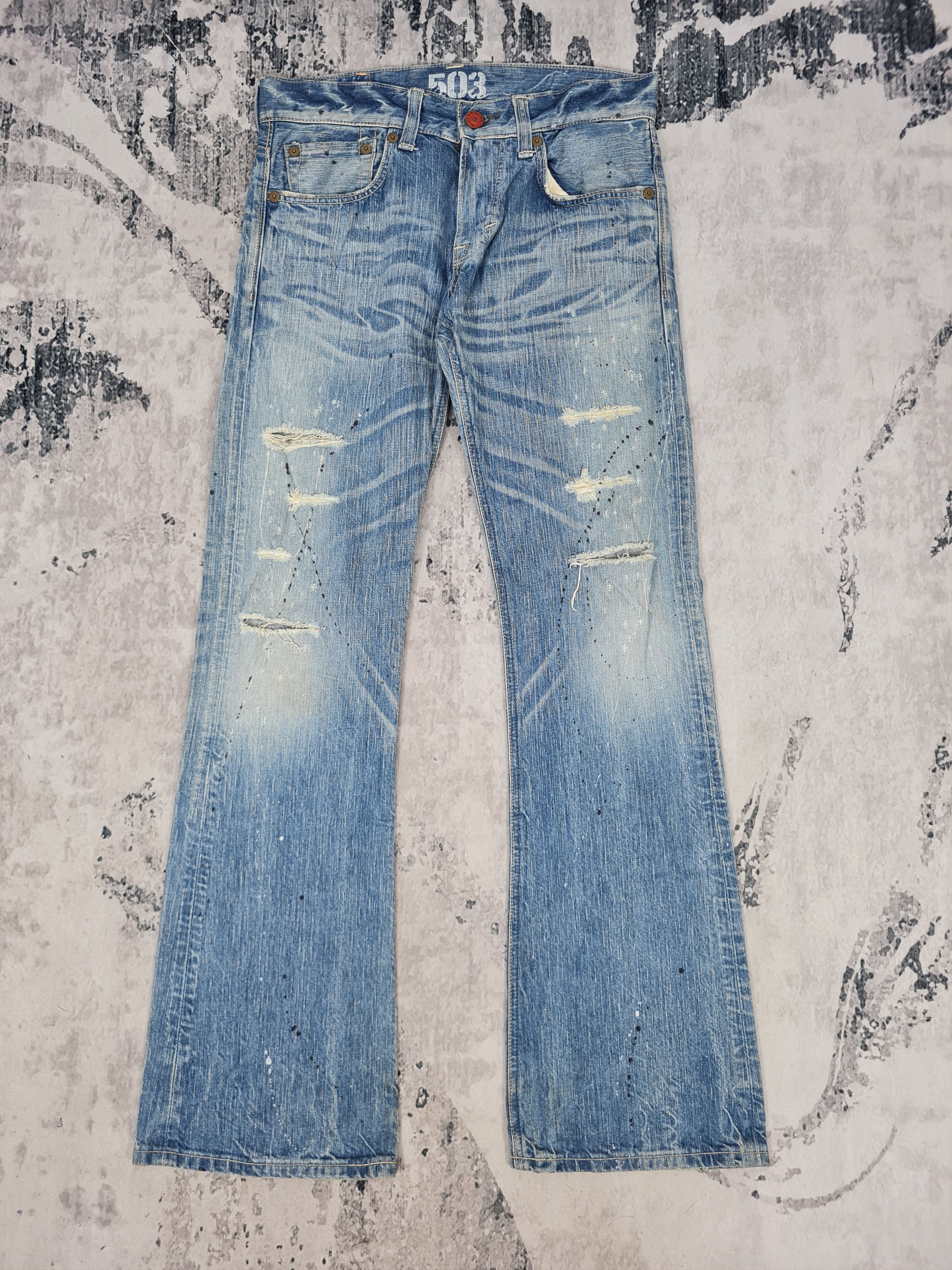 image of Distressed Denim x Edwin 503 Paint Design Flare Distressed 33X34 Jeans Jb0135 in Blue, Men's