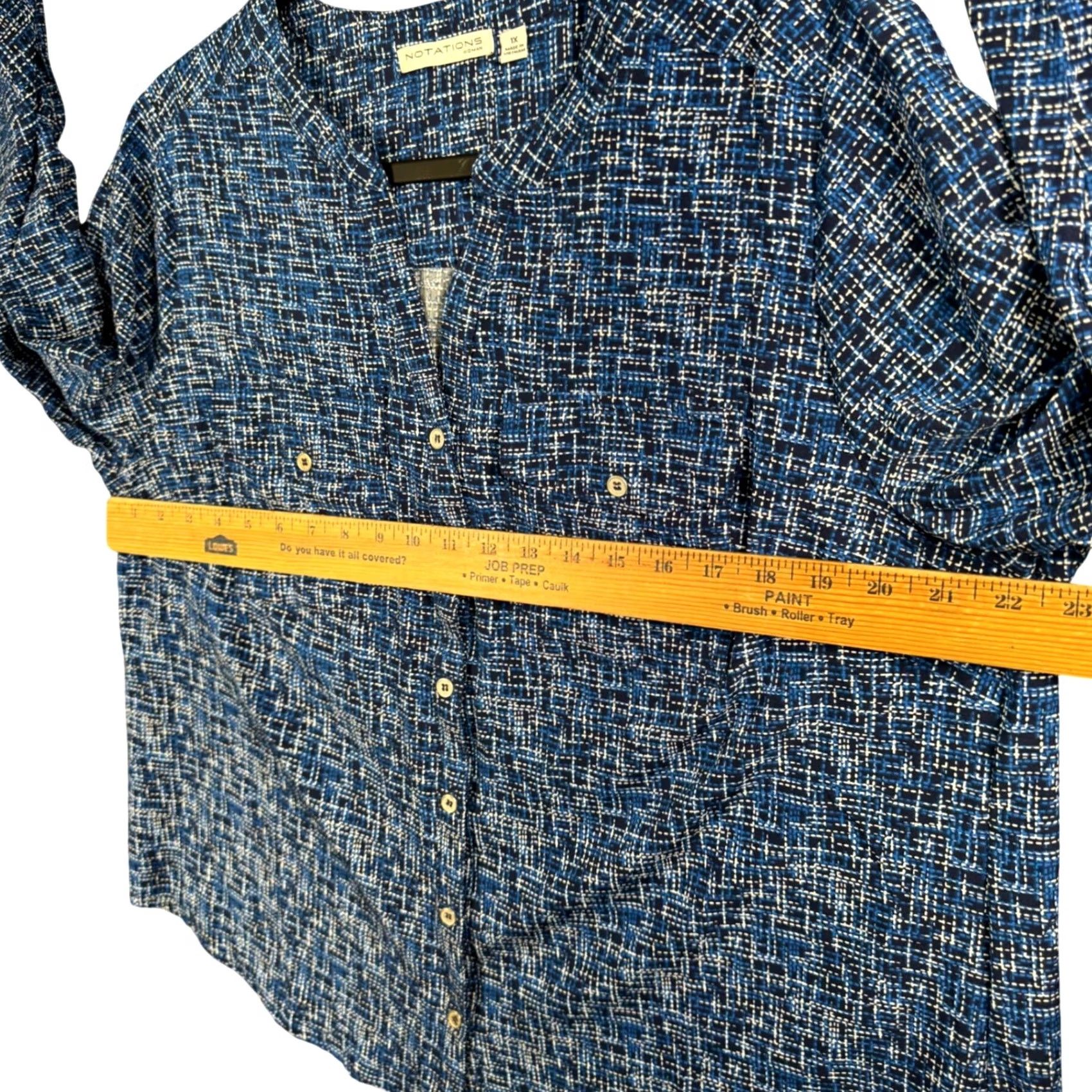 Vintage Notations Blue Abstract Blouse Plus Size 1X Boho Roll Tab Sleeve V-Neck Button Up Shirt Size XL / US 12-14 / IT 48-50 - 6 Thumbnail