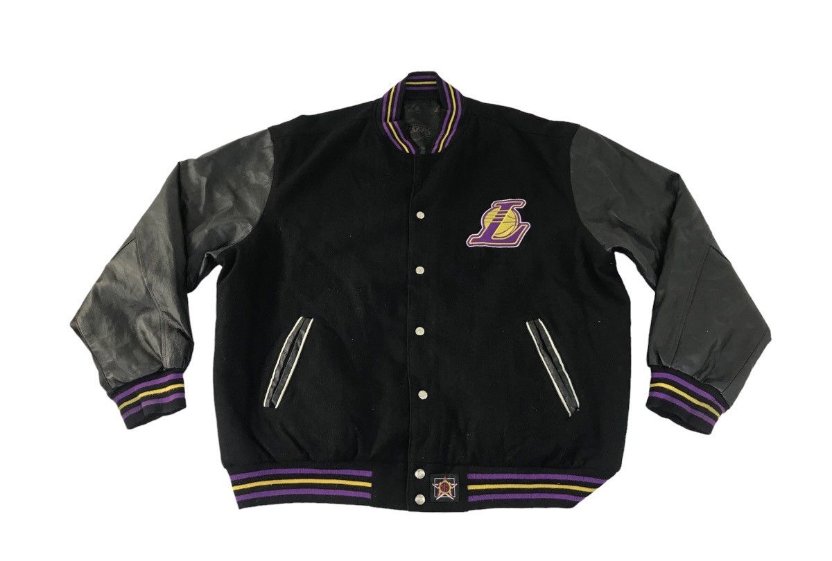 90s NBA Los Angeles Lakers Leather Sleeve Varsity Jacket - www 