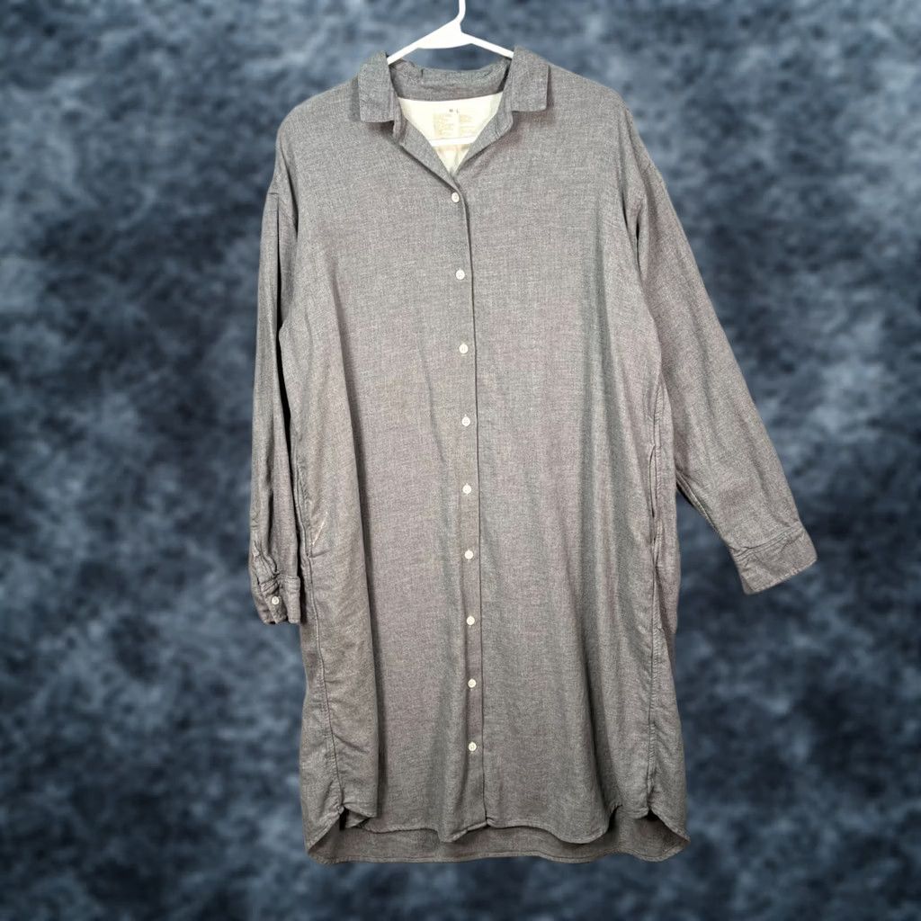 Muji Muji Button-Up Gray Long-Sleeve Shirt Dress 100% Cotton Midi Loose Fit Womens M L Casual Pockets Vintage: No Size M / US 6-8 / IT 42-44 - 1 Thumbnail