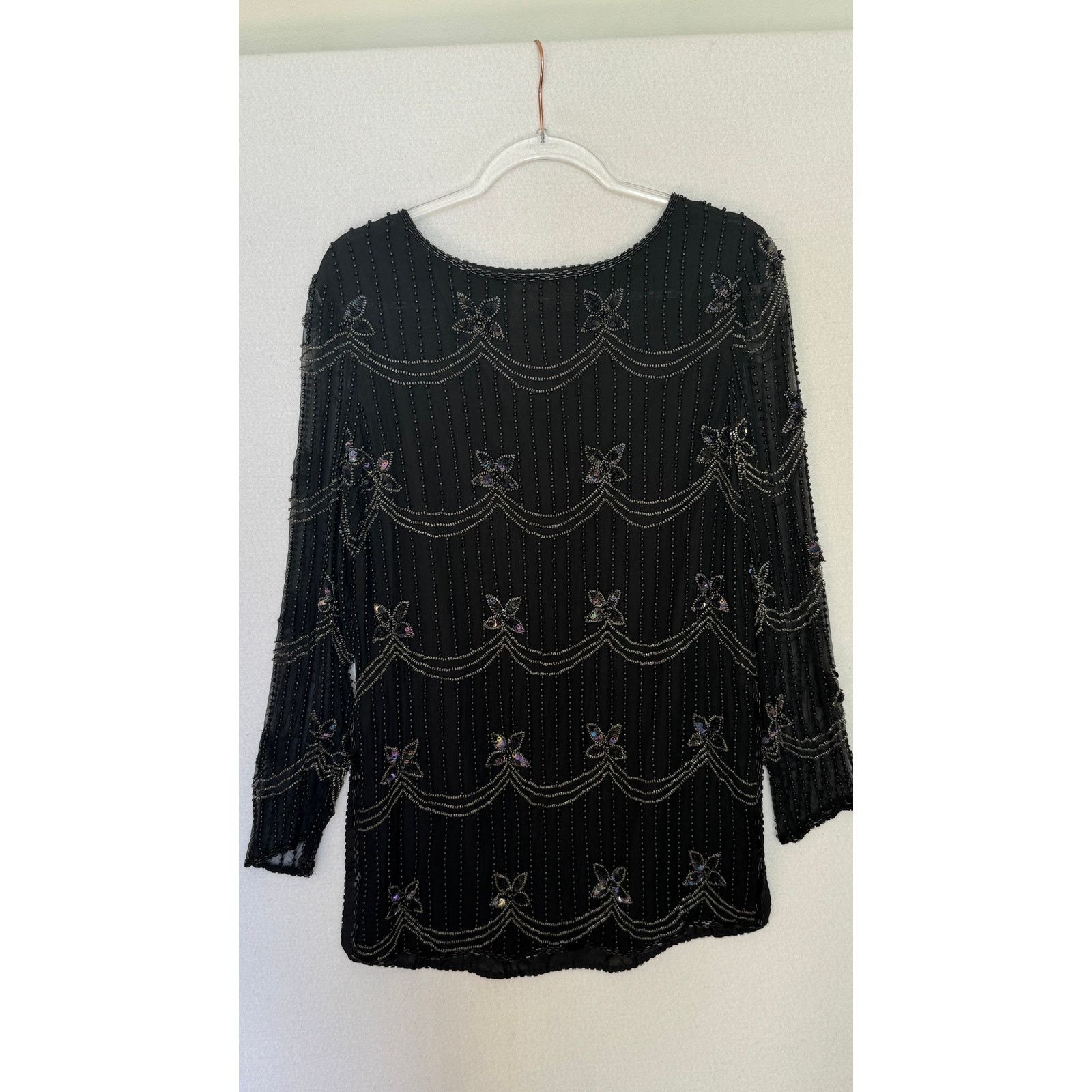 Vintage 1990s Papell Boutique Silk Beaded Sequin Top Black S/M Size S / US 4 / IT 40 - 25 Thumbnail