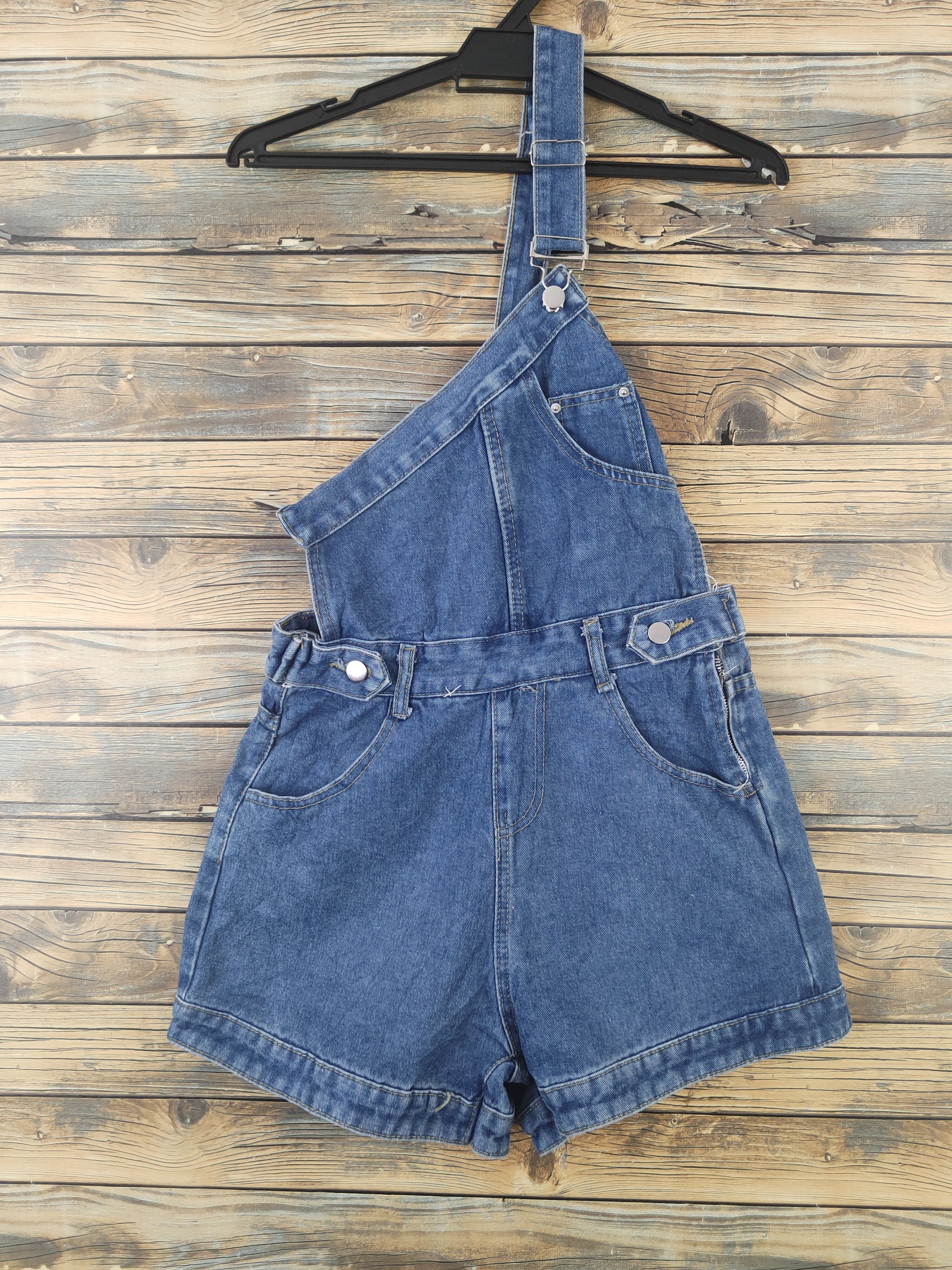 Japanese Brand × Vintage Vintage Vendor Blue Half Shoulder Denim Shortall Jumpsuits Size 28" / US 6 / IT 42 - 1 Thumbnail