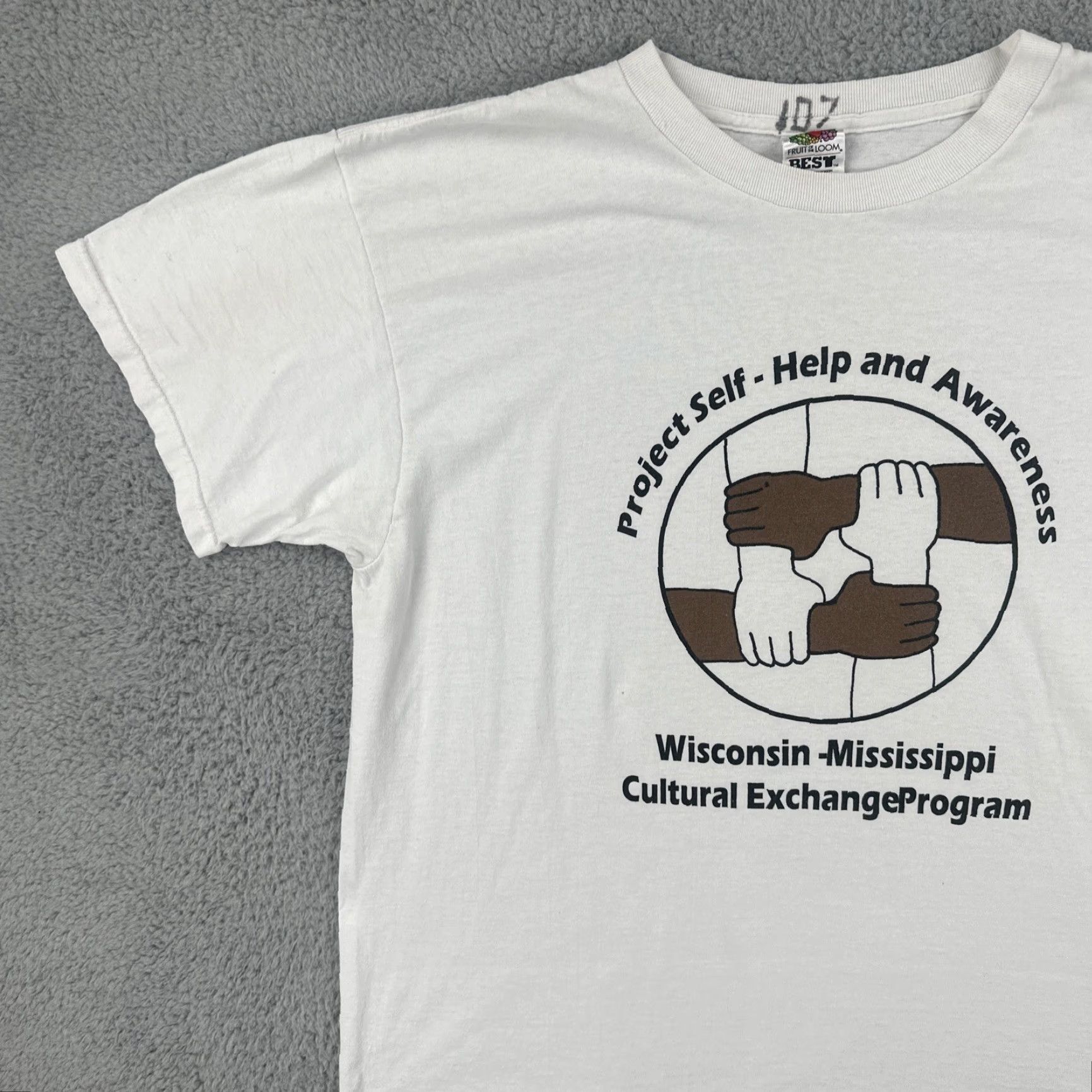 Fruit Of The Loom VINTAGE Fruit of the Loom White T Shirt Mens XL Wisconsin to Mississippi Cultural Exchange Graphic Tee 1990s Short Sleeve Cotton Size US XL / EU 56 / 4 - 7 Thumbnail