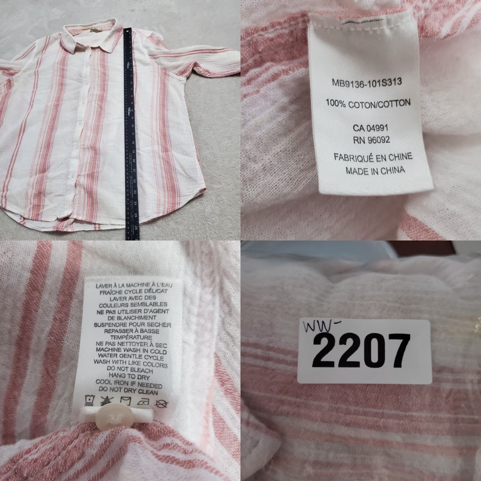 Pinko VINTAGE Fleur Bleue Top Women XL Ivory Pink Striped Cotton Button Up Lightweight Beachy Size XL / US 12-14 / IT 48-50 - 8 Thumbnail