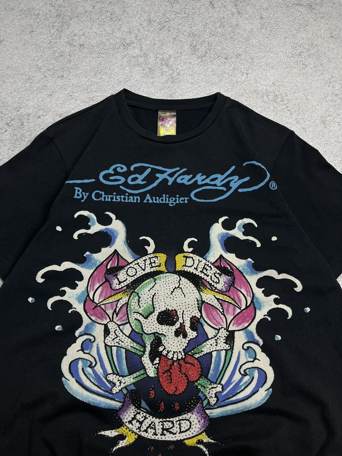 image of Christian Audigier x Ed Hardy Vintage Y2K Ed Hardy Rhinestones T-Shirt Made In Usa in Black (Size S