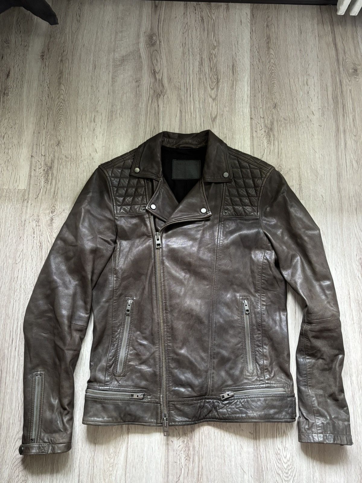 AllSaints Conroy Leather Biker Jacket Men Size S Brown Moto