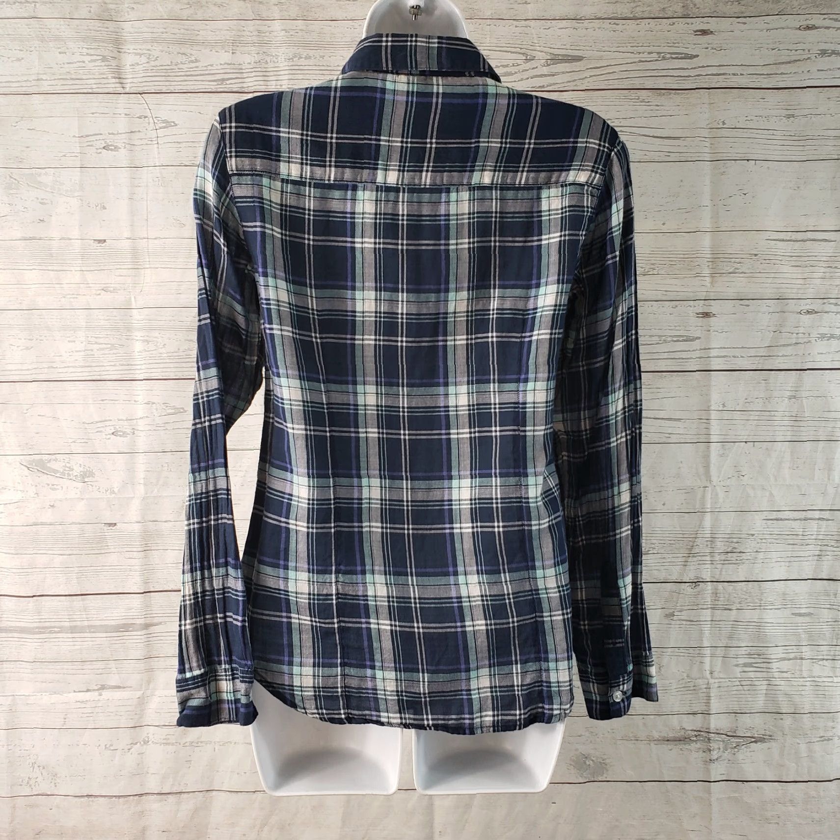 Vintage Garnet Hill Womens Button Front Shirt Sz 4 Blue Plaid Long Sleeve Semi Sheer Shirt Womens Jeans? Size S / US 4 / IT 40 - 4 Thumbnail