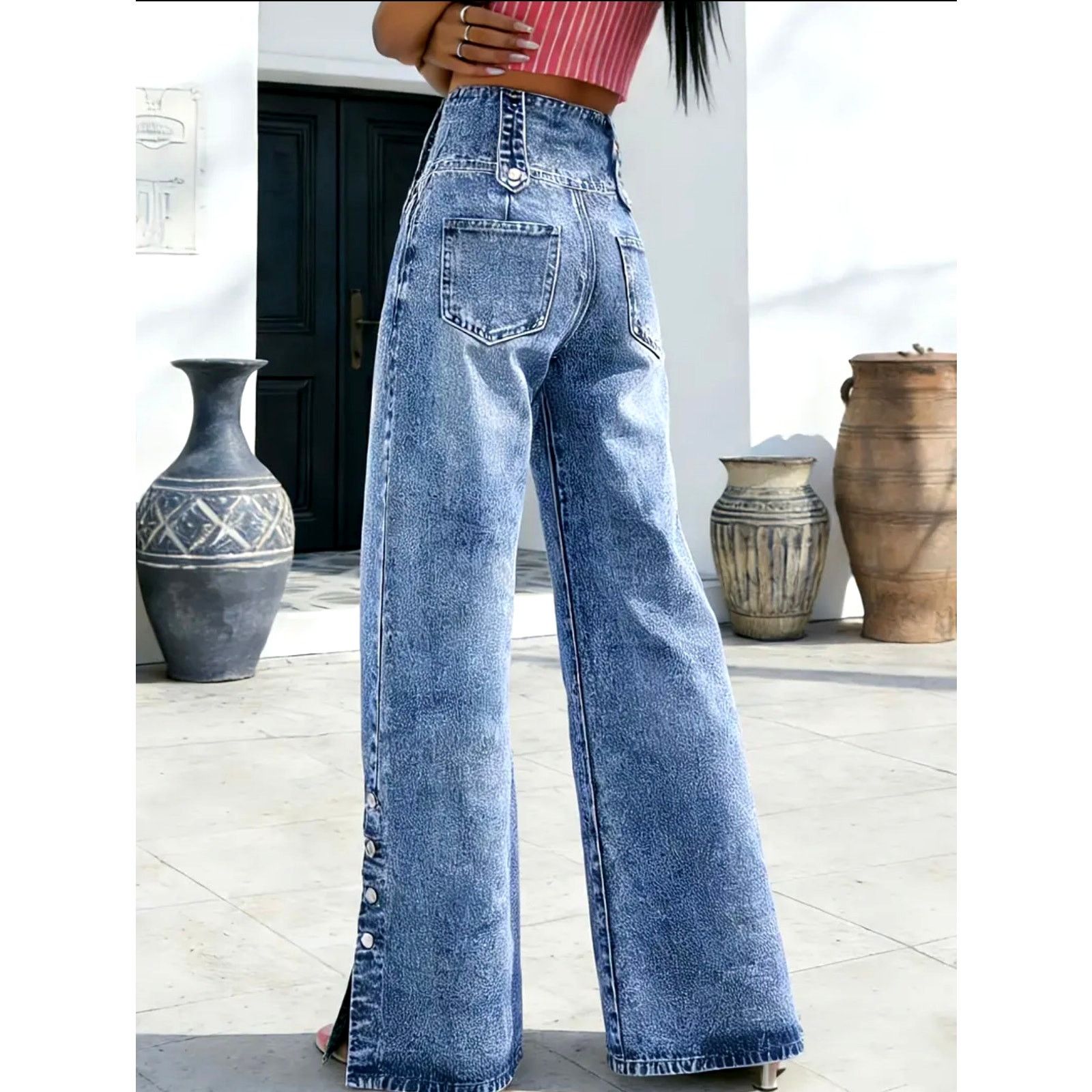 Other Casual High Waist Wide Leg Jeans Button Down Calf Blue 8/10 Size 32" / US 10 / IT 46 - 2 Thumbnail