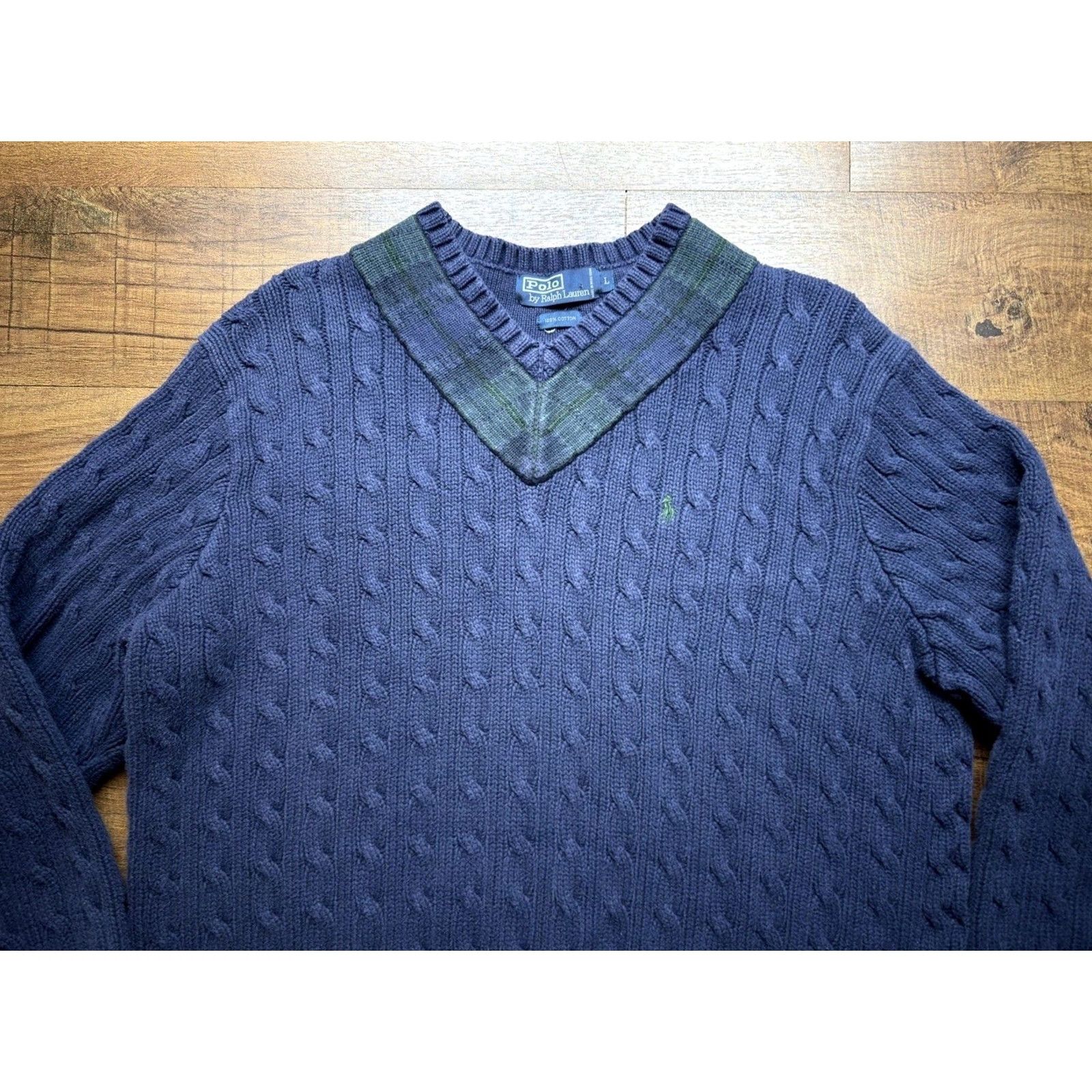 Ralph Lauren VTG Polo Ralph Lauren Cable Knit Cricket Sweater Navy Blue Plaid Collar Men's Large Size US L / EU 52-54 / 3 - 2 Thumbnail