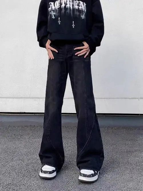 Jean High Street Vintage Washed Spliced Micro Flare Jeans Size US 34 / EU 50 - 3 Thumbnail