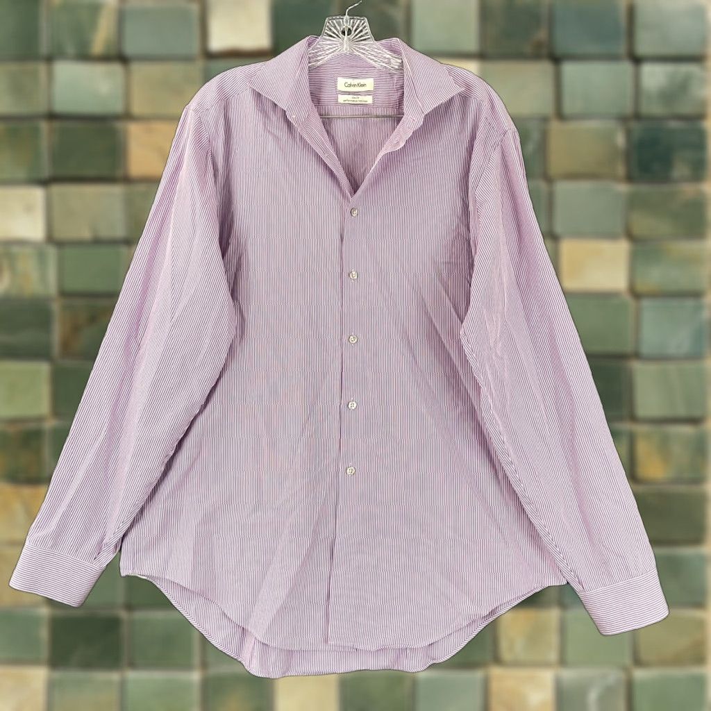 Calvin Klein VINTAGE Calvin Klein Dress Shirt Mens 17 Slim Long Sleeve Purple Stripe Shirt 17 Purple Mens Size 46R - 1 Thumbnail