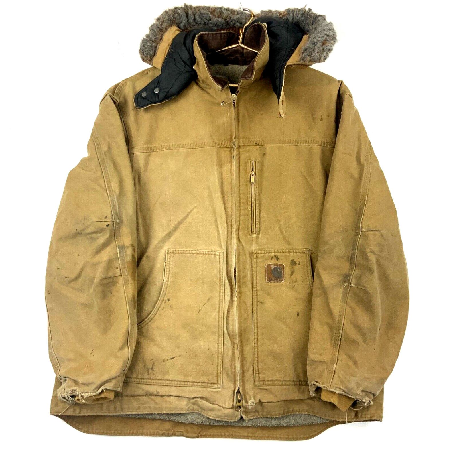 Image of Carhartt Canvas Sherpa Lined Full Zip Hooded Work Jacket Size XL Brown Workwear in White, Men's