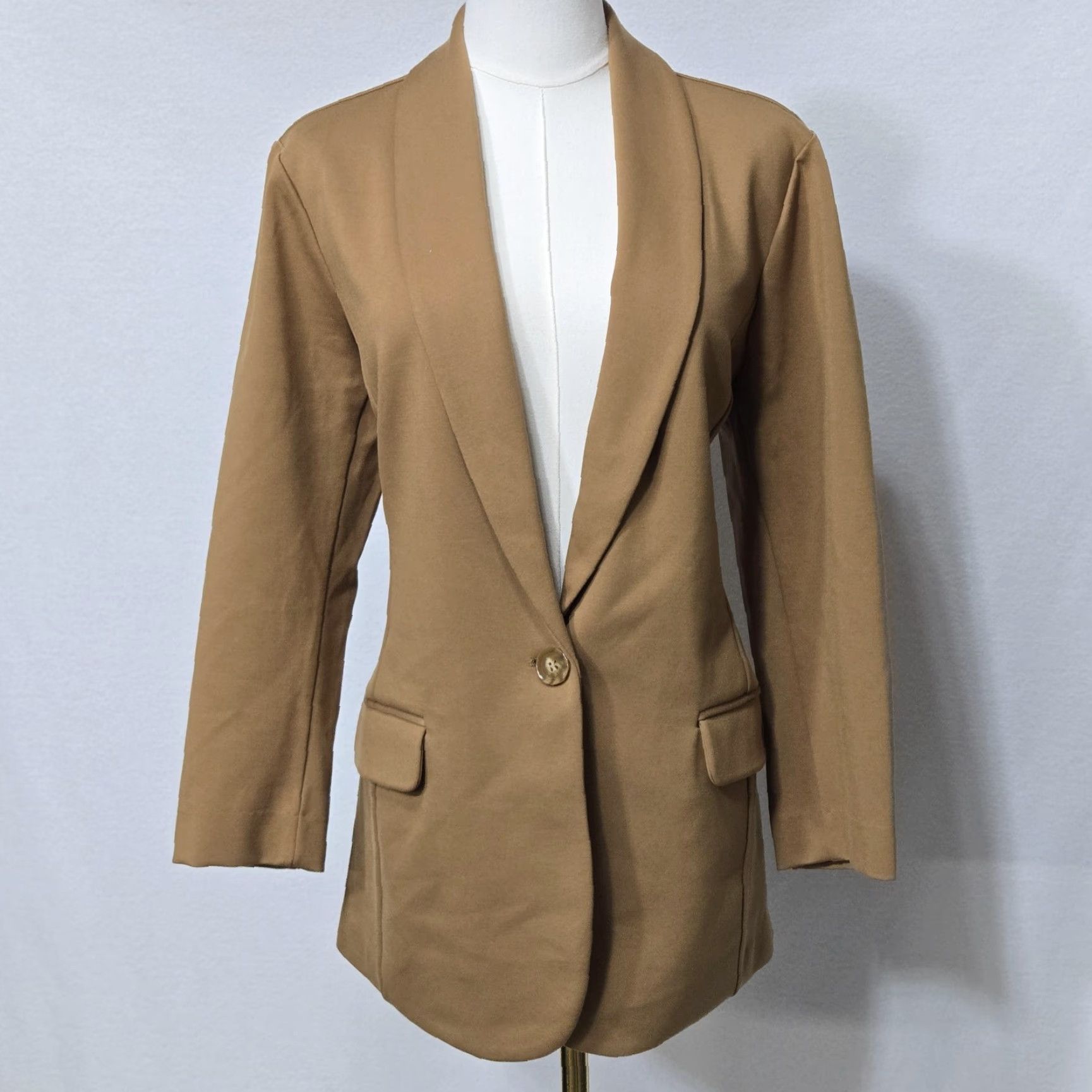 Vintage Susan Graver Blazer Womens M Beige Ponte Shawl Collar Longline Jacket Size M / US 6-8 / IT 42-44 - 3 Thumbnail