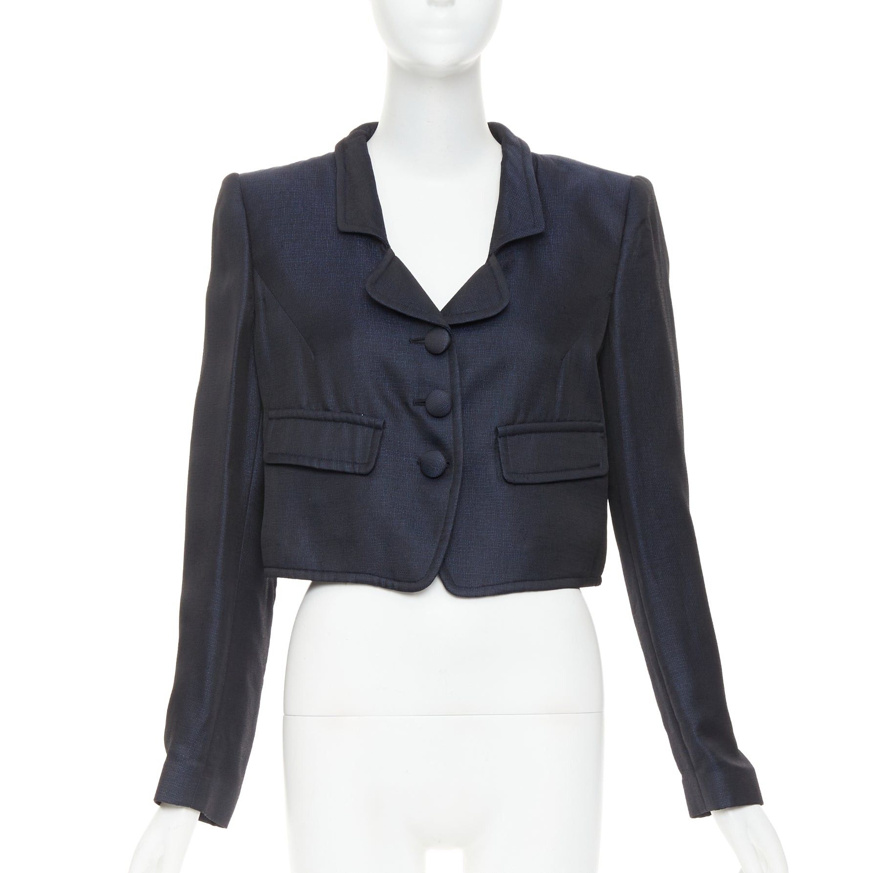 Giorgio Armani GIORGIO ARMANI navy textured shiny flap pockets cropped evening jacket blazer IT46 XL Size L / US 10 / IT 46 - 1 Thumbnail