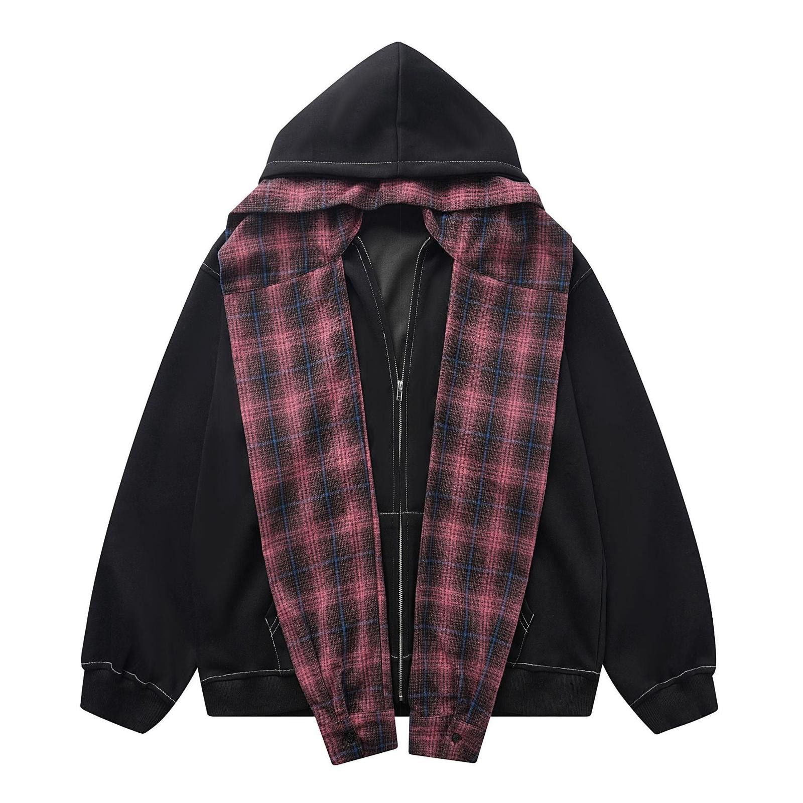 Vintage Black Hoodie with Pink Plaid Inner Lining, Casual Zip-Up Size US M / EU 48-50 / 2 - 1 Thumbnail