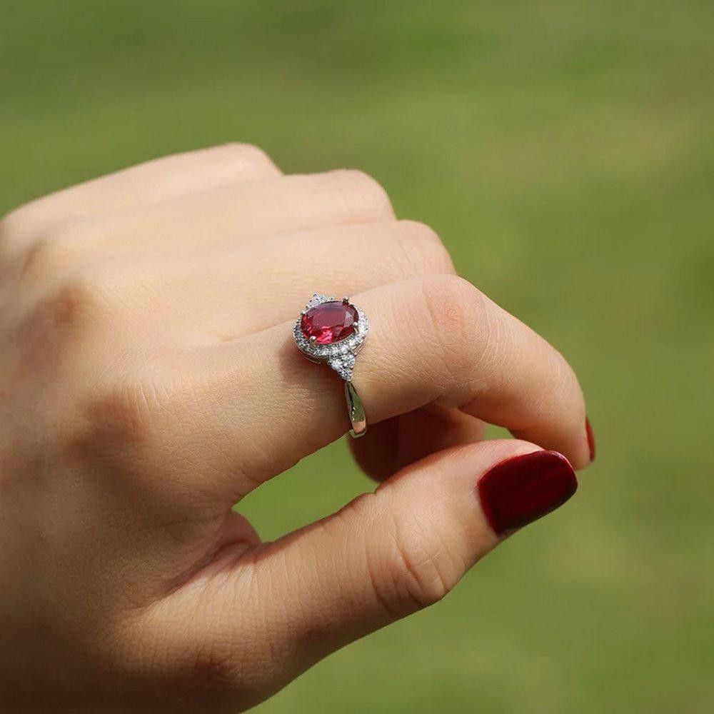 Designer Sterling Silver Oval Ruby Red Halo Ring - Size 7 Size ONE SIZE - 3 Thumbnail
