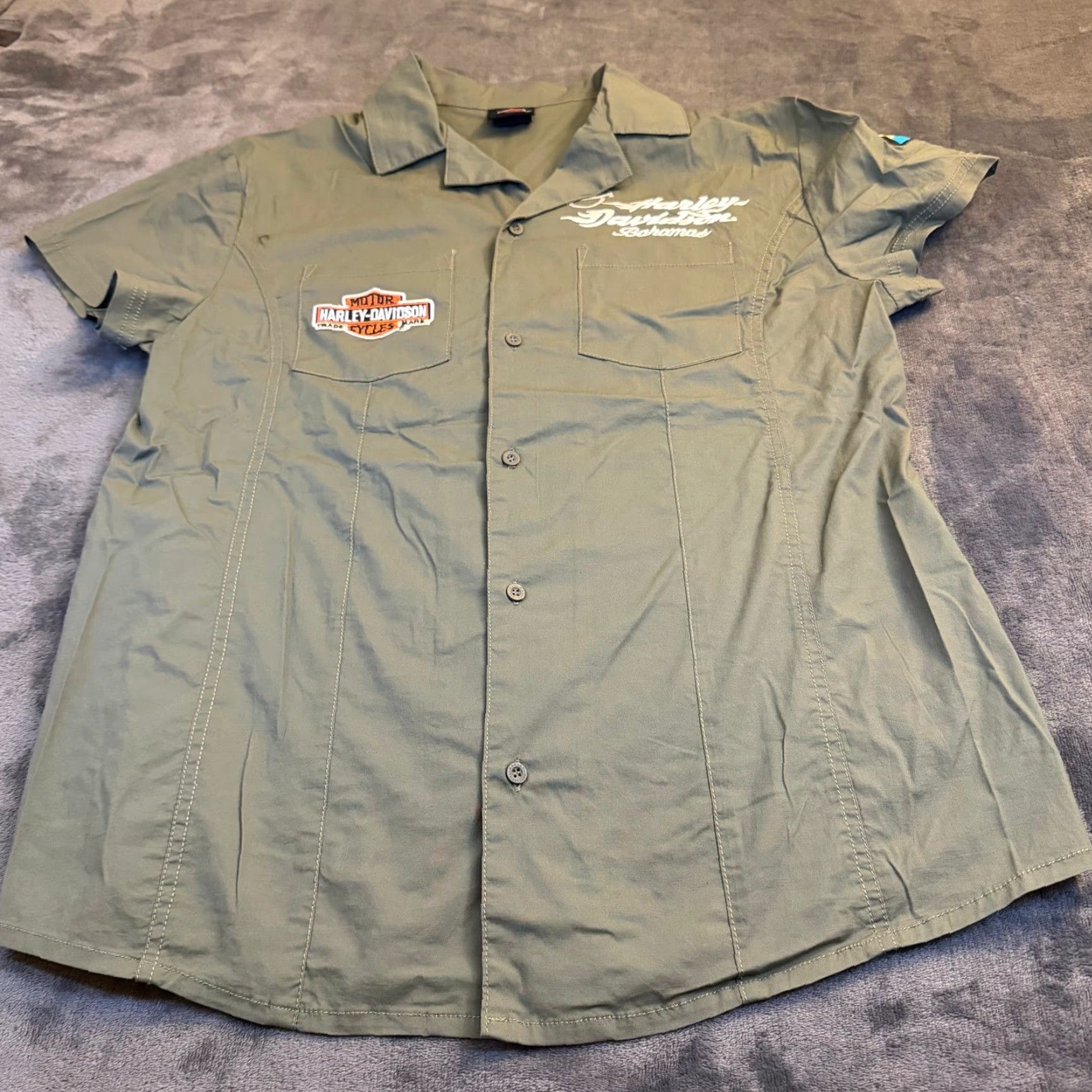Harley Davidson Harley-Davidson Shirt Womens XL Green Button-Up Short Sleeve Embroidered Pocket Casual Workwear Bahamas 90s Theme Motorcycle? Size XL / US 12-14 / IT 48-50 - 2 Thumbnail