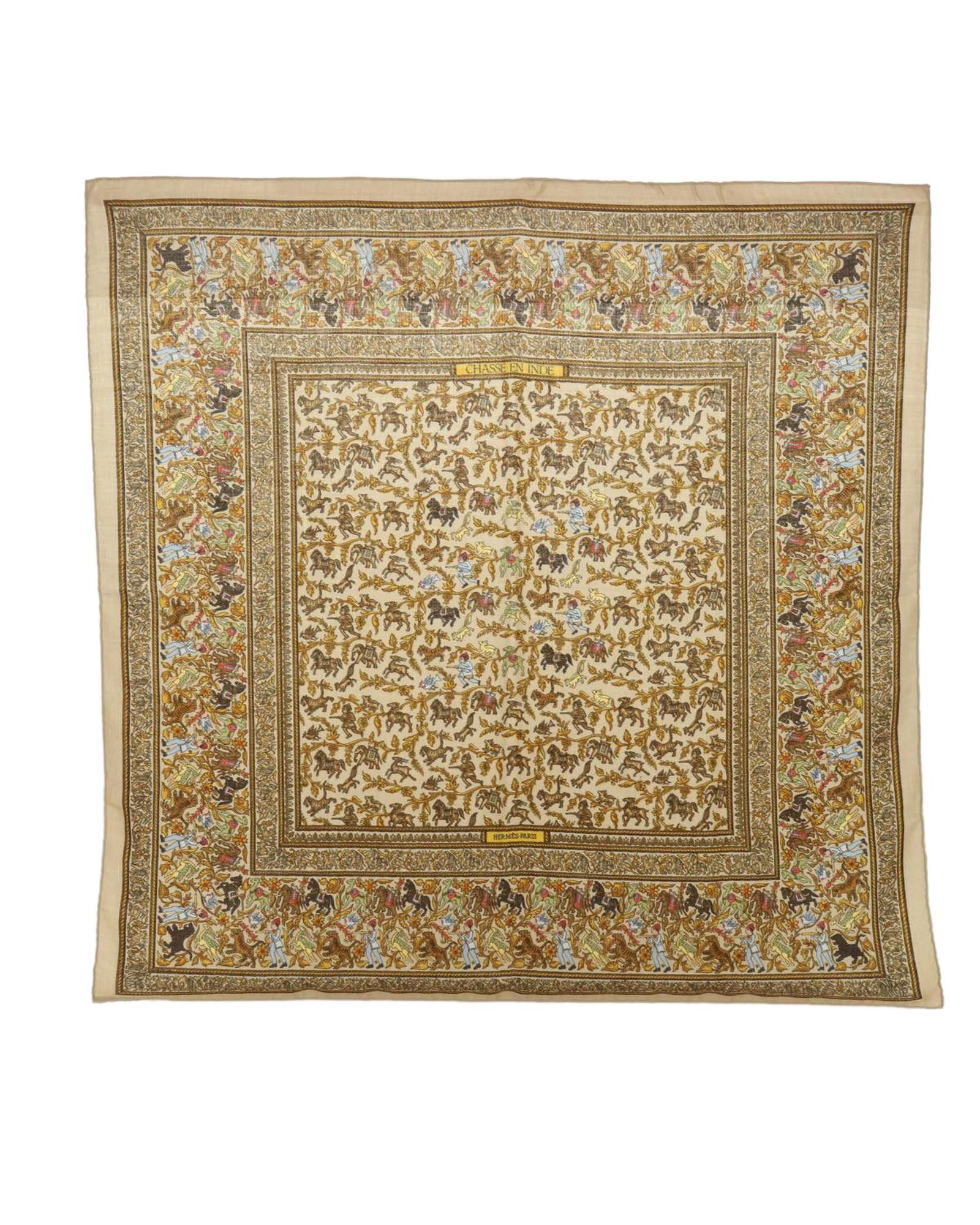 image of Hermes Brown Silk Chasse En Inde Scarf, Women's
