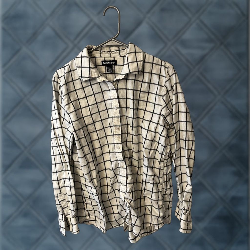 Lands' End Lands End Flannel Shirt Large 14-16 White Plaid Cotton Button Up Women's Size L / US 10 / IT 46 - 1 Thumbnail