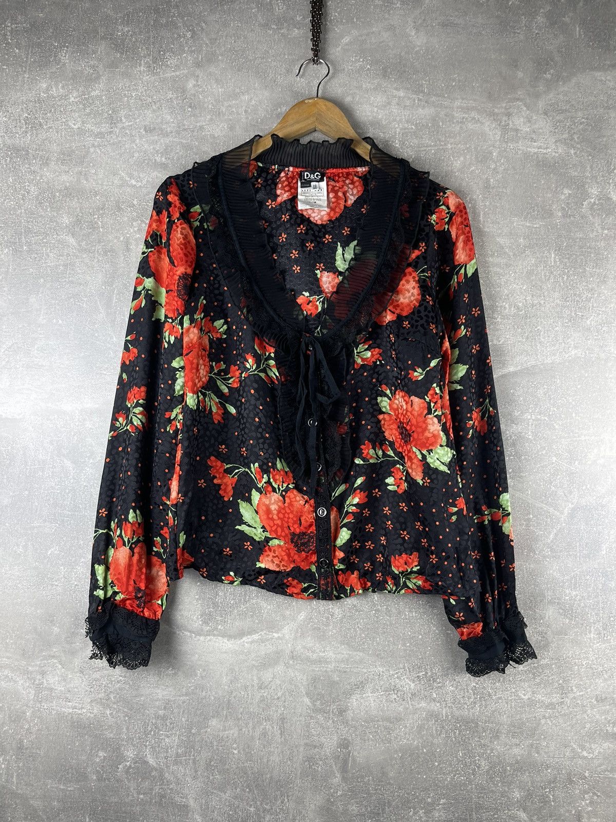 D&G Dolce & Gabbana Sheer Floral Silk Lace Ruffled Blouse