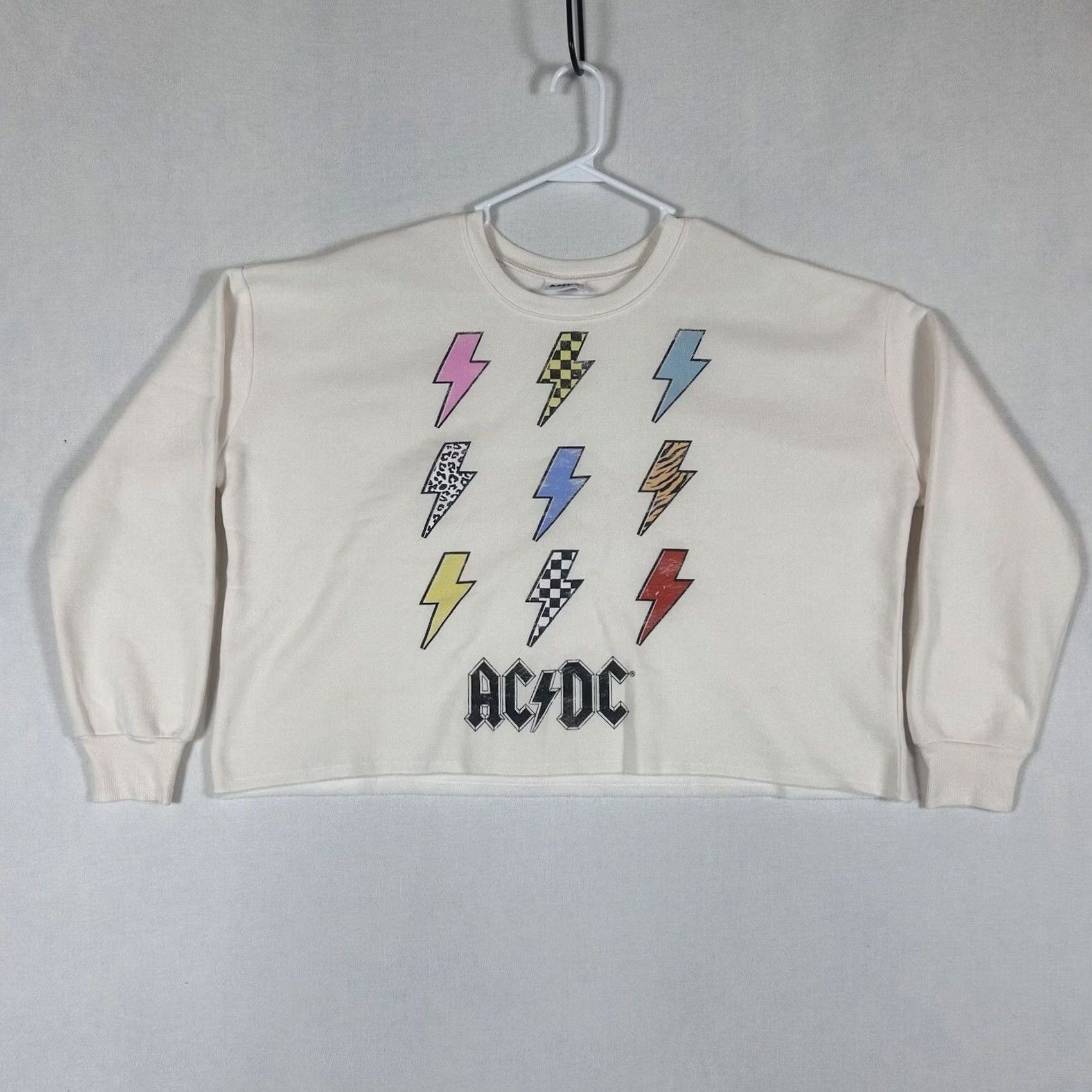 Vintage ACDC Womens Oversized Cropped Sweatshirt L Large Cream Graphic Print Pullover Rock Size L / US 10 / IT 46 - 2 Thumbnail