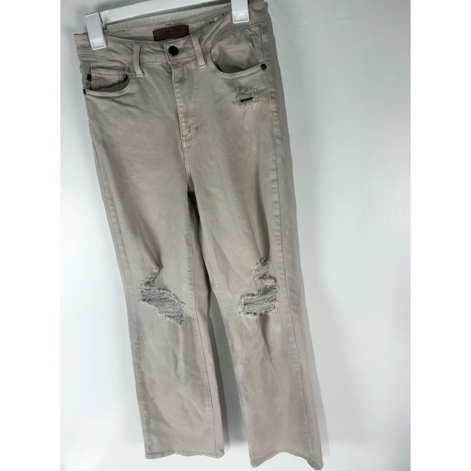 Vintage Judy Blue Jeans Beige Wash Distressed Wide-Leg Womens 27 Jeans Wide-Leg 5-Pocket Denim Cotton Polyester Spandex Retro Bohemian Hipster Size 27" / US 4 / IT 40 - 2 Thumbnail