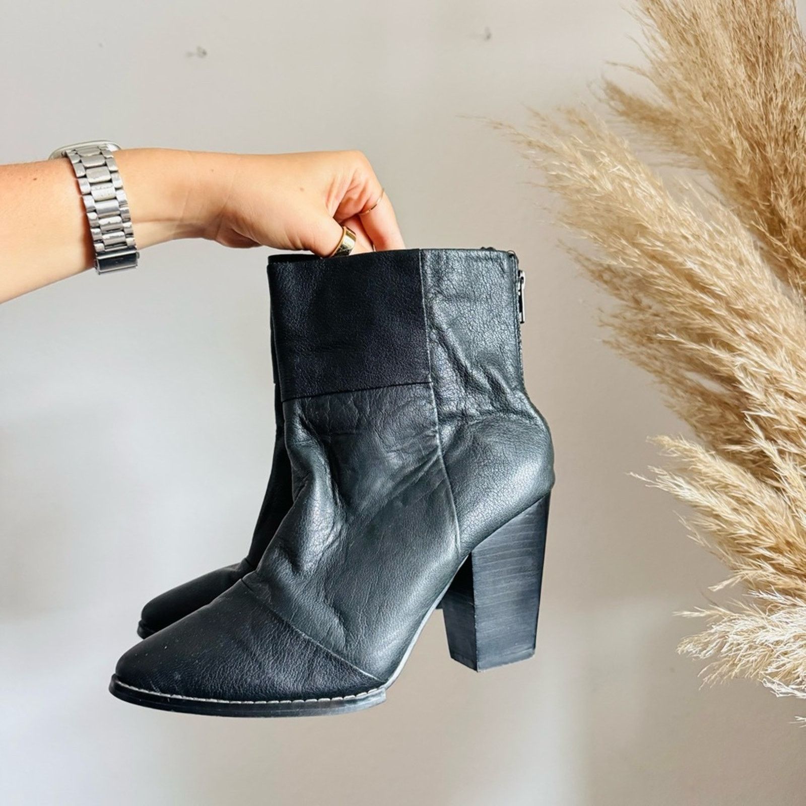 Anthropologie KELSI DAGGER Black Leather Chunky Heel $195 Ankle Short Boot Size US 8.5 / IT 38.5 - 6 Thumbnail