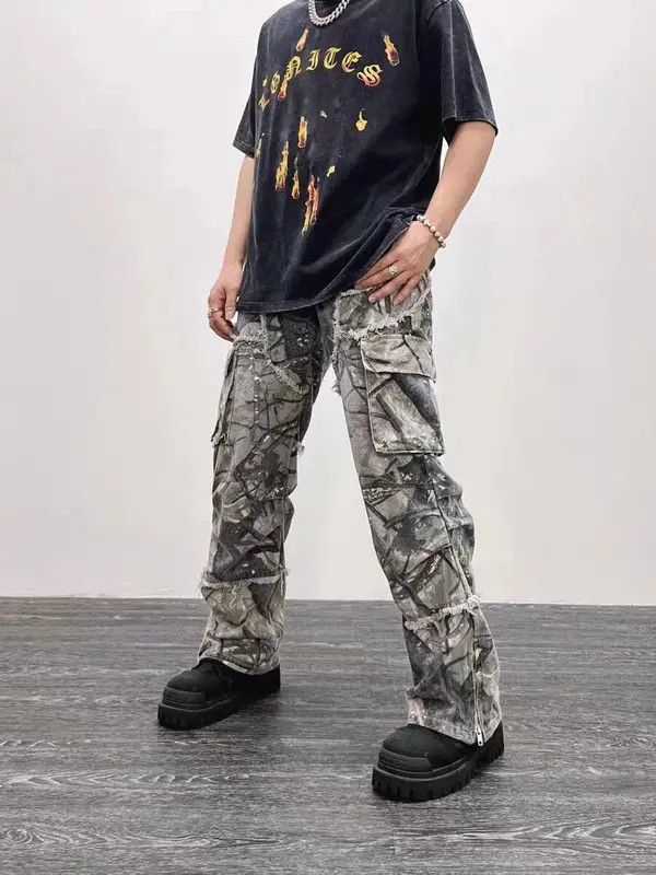 image of Retro Camouflage Irregular Raw Edge Work Jeans in Camouflage Green, Men's (Size 32)