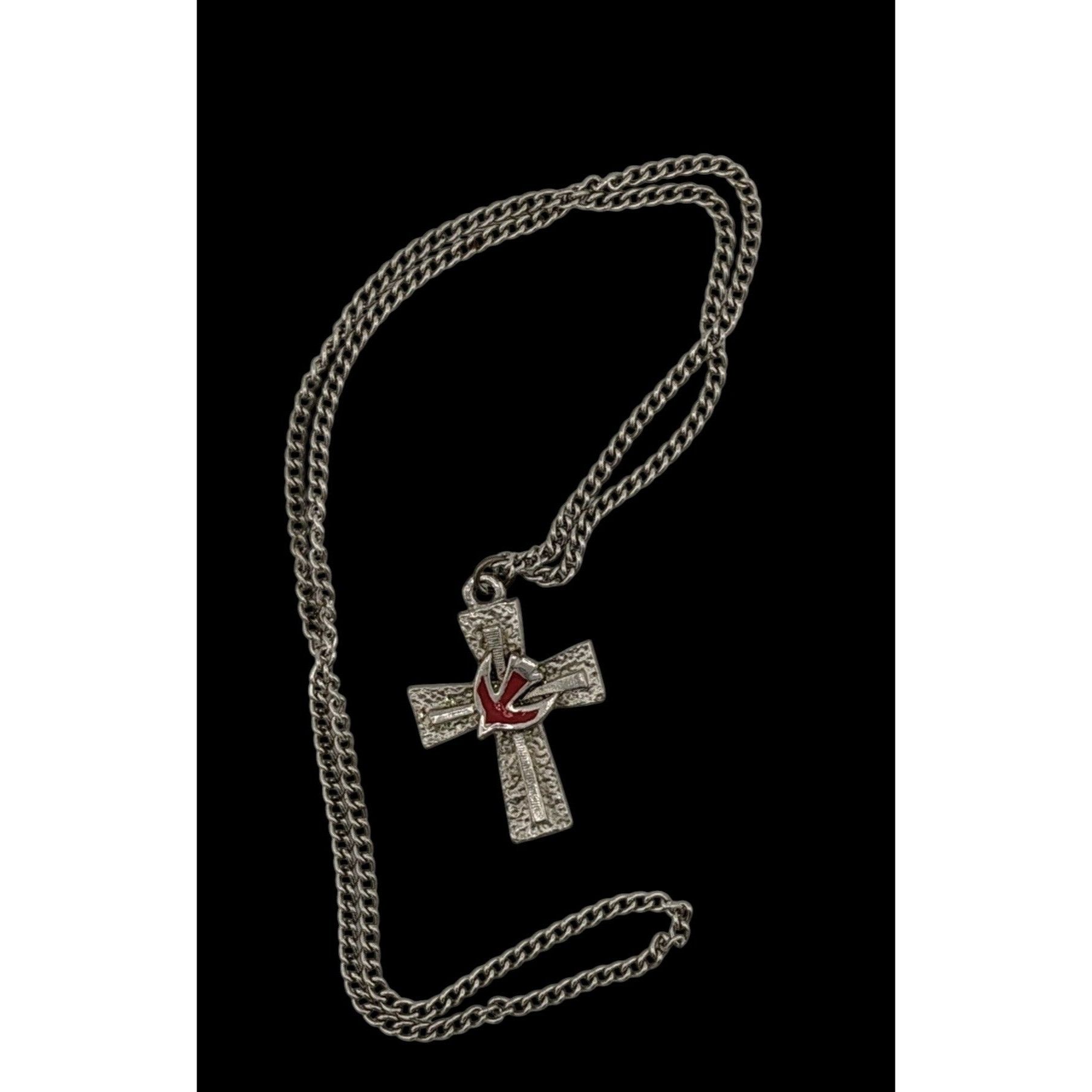 Other Vintage Cross Necklace Silver Tone With Red Enamel Dove Size ONE SIZE - 3 Thumbnail