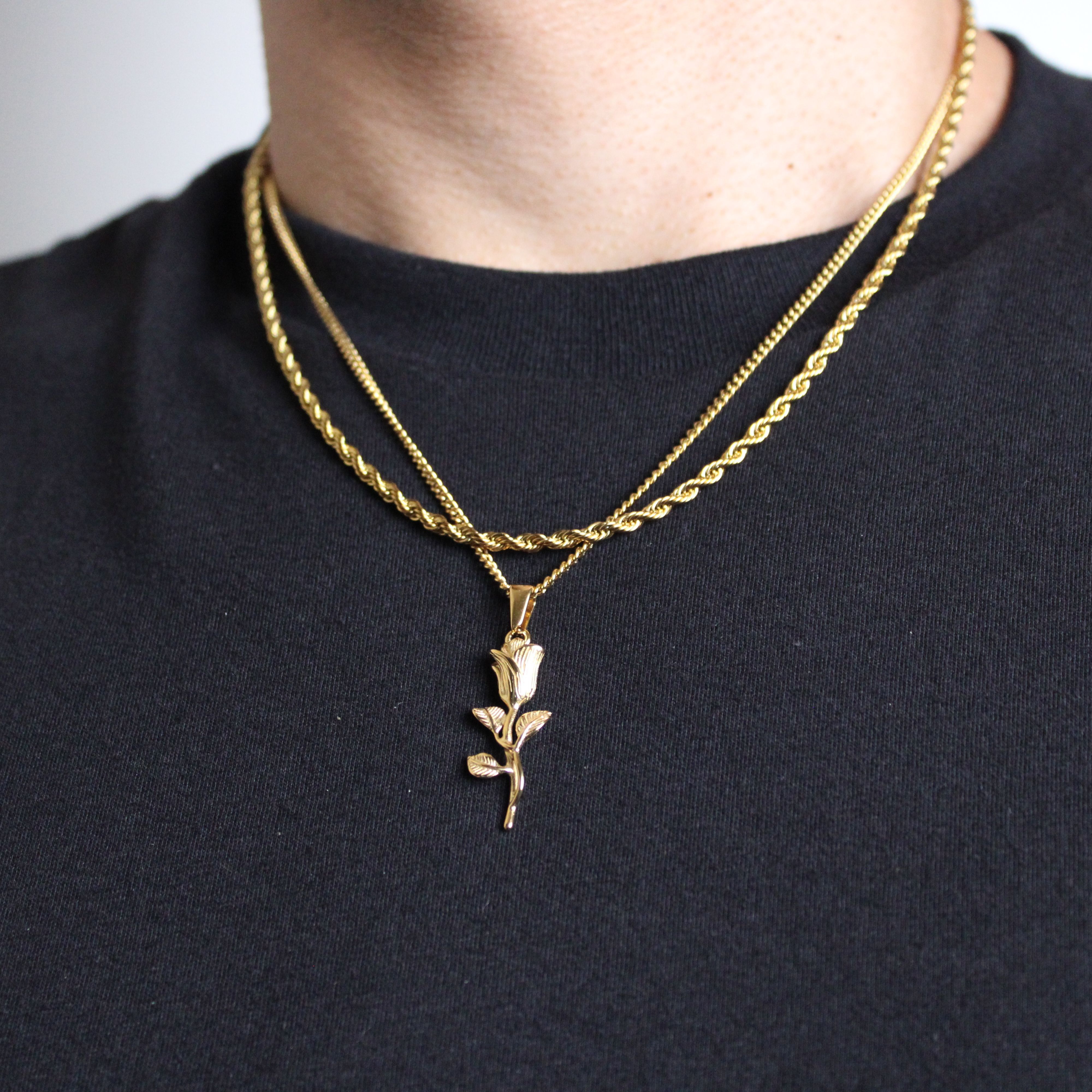 Jewelry Gold Rose Pendant Necklace + 3mm Rope Chain Set Size ONE SIZE - 1 Thumbnail
