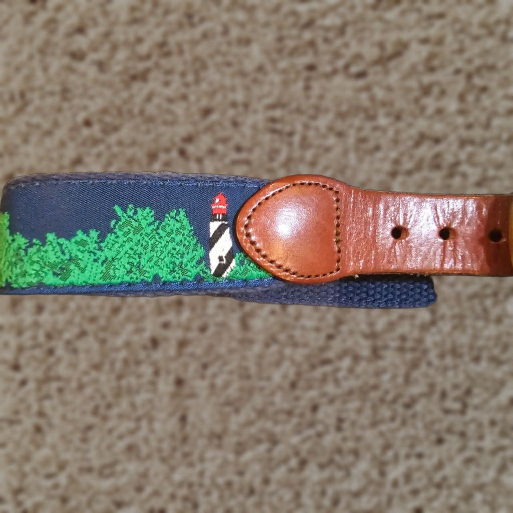 Vintage VINTAGE Leather Man Belt Mens 30 Belt Leather Brass Buckle Beach Lighthouse Made In USA Golf Dress Mens Size 30 - 1 Thumbnail