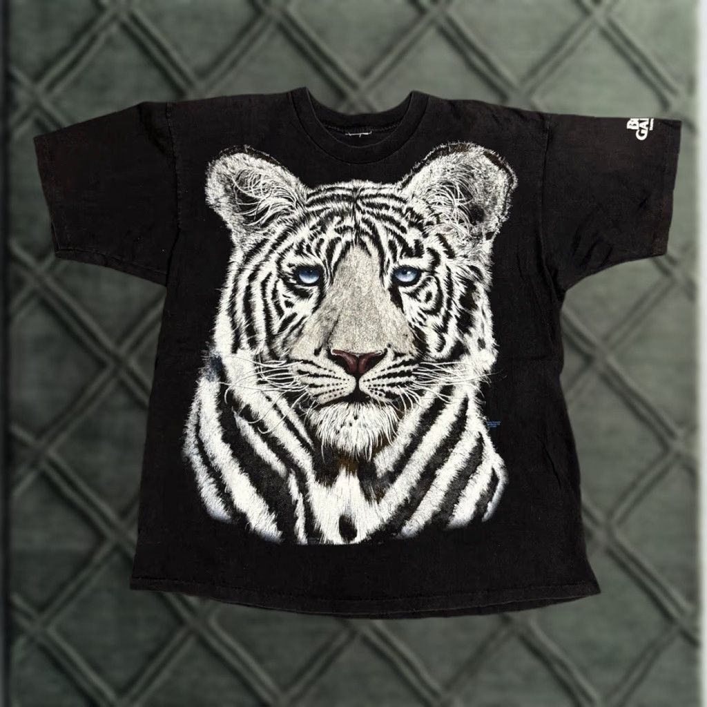 VINTAGE Busch Gardens Tampa White Tiger Nature 90s T-Shirt XL Mens Black Cat Face Graphic Shirt