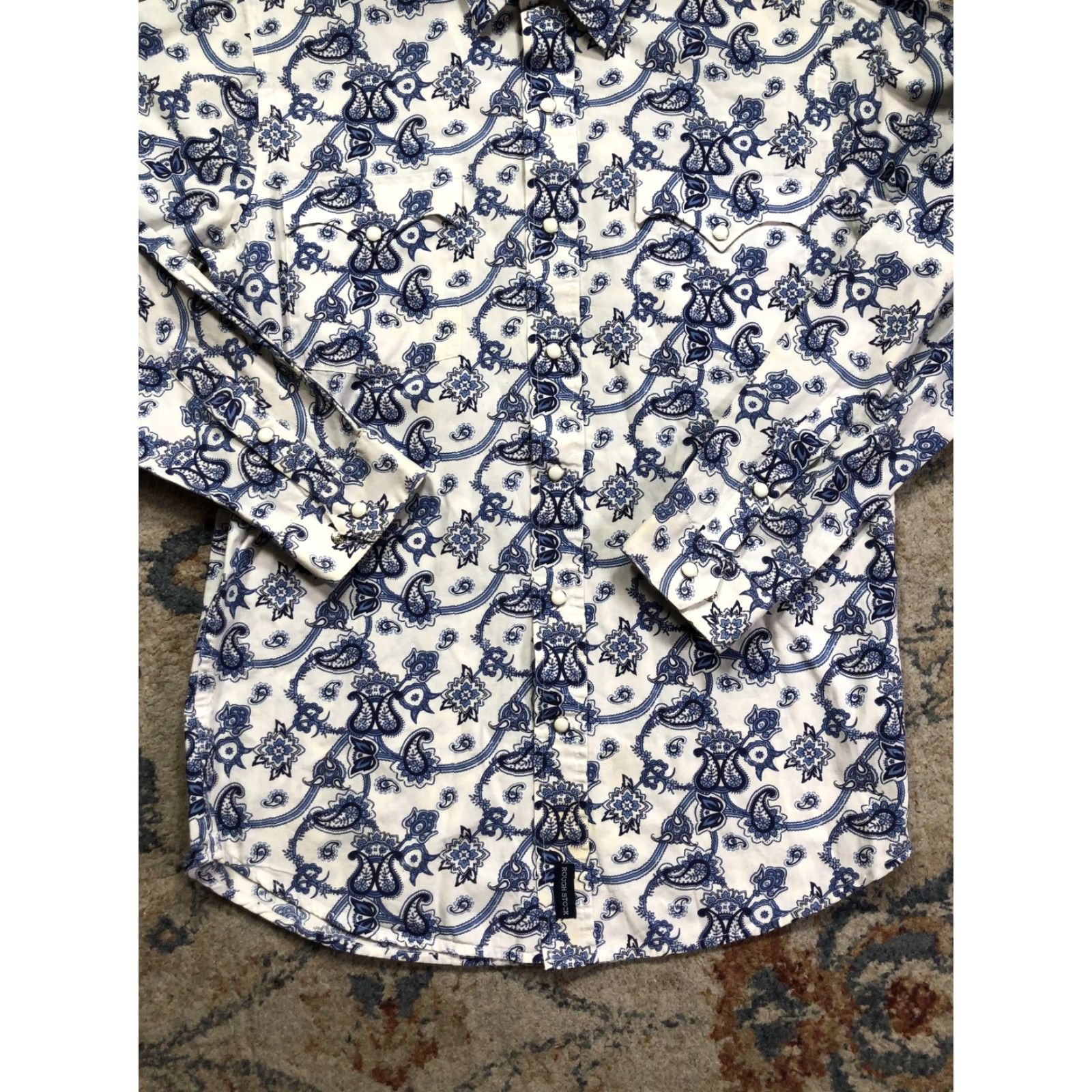 Vintage Rough Stock Shirt Mens Small Blue Paisley Western Pearl Snap Cowboy Long Sleeve Size US S / EU 44-46 / 1 - 5 Thumbnail