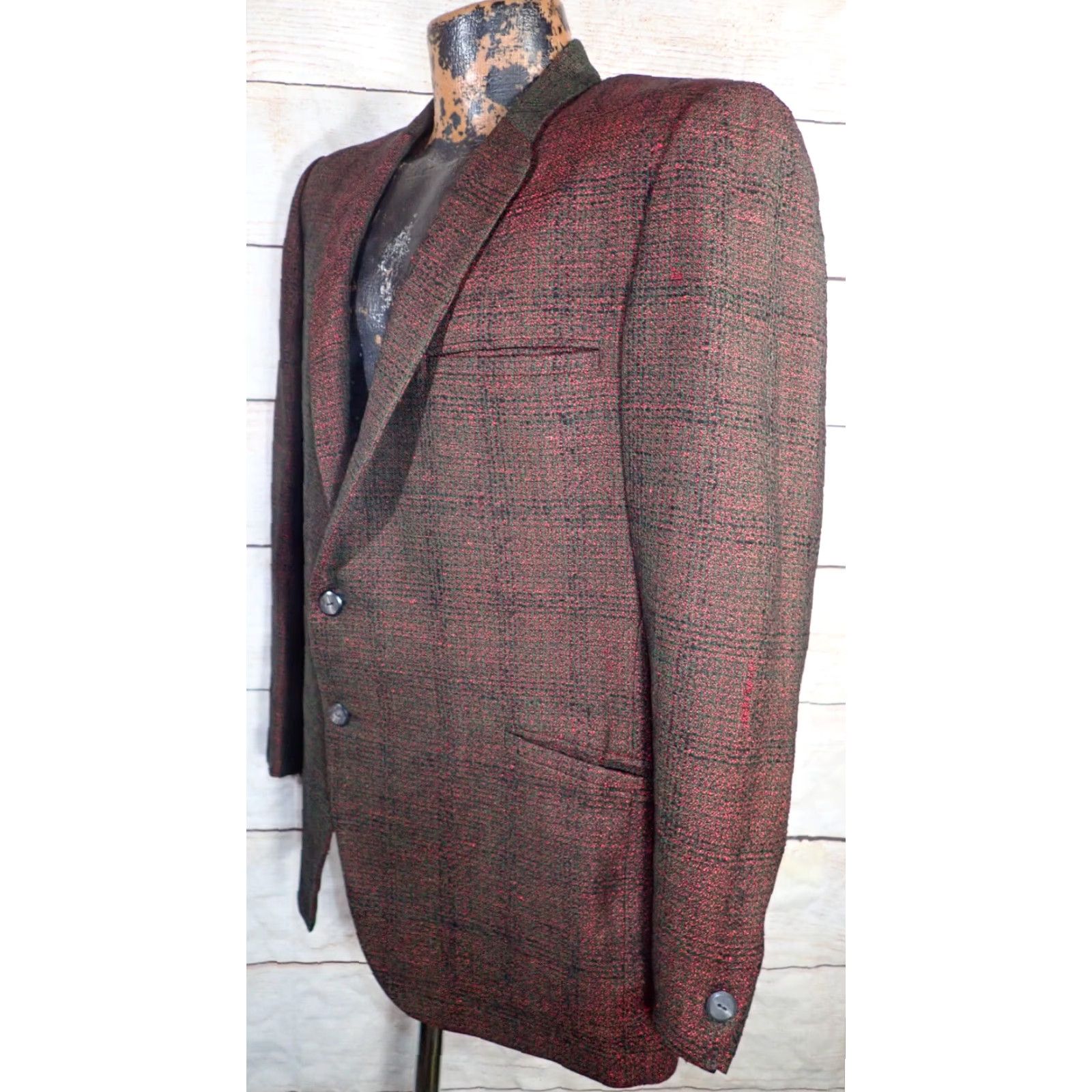Vintage VINTAGE Kuppenheimer Blazer Mens 40 Red Black Green Check Plaid Wool 2-Button Blazer Size 40R - 2 Thumbnail