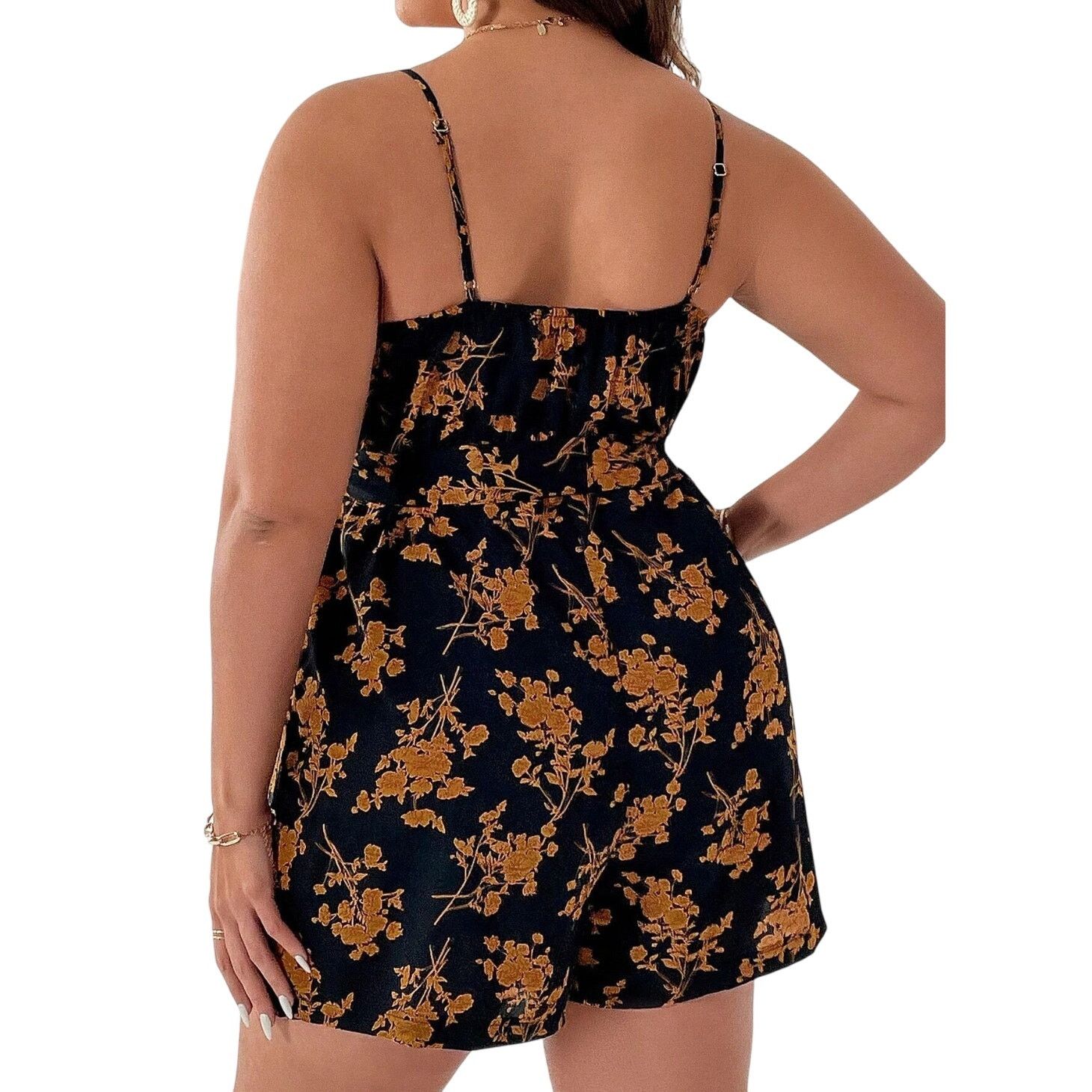 Shein Floral Print Belted Cami Romper in Black/Yellow, Size 3XL Size 40" / US 18 - 2 Thumbnail