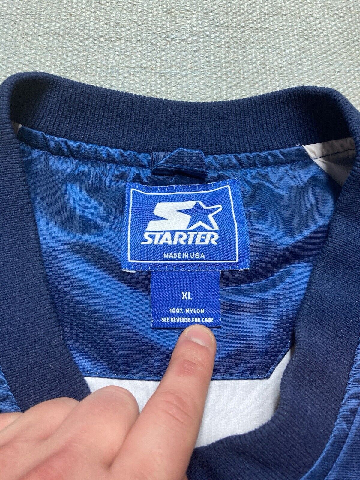 Starter × Vintage VTG starter satin jacket v neck blank navy blue baseball XL Size US XL / EU 56 / 4 - 5 Thumbnail