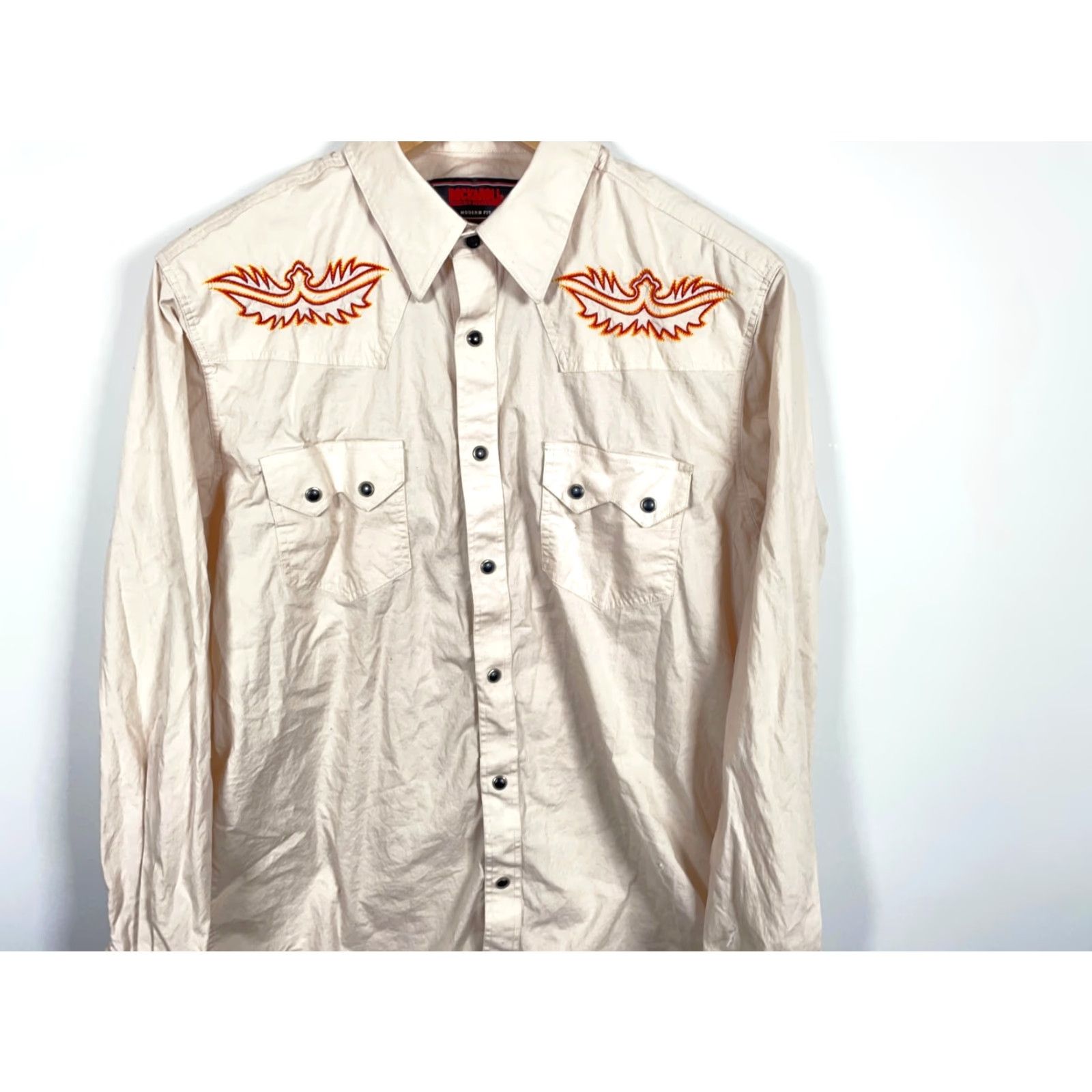 Denime VINTAGE Rock & Roll Denim Western Shirt Mens Large Beige Embroidered Pearl Snap Sawtooth Size US L / EU 52-54 / 3 - 4 Thumbnail